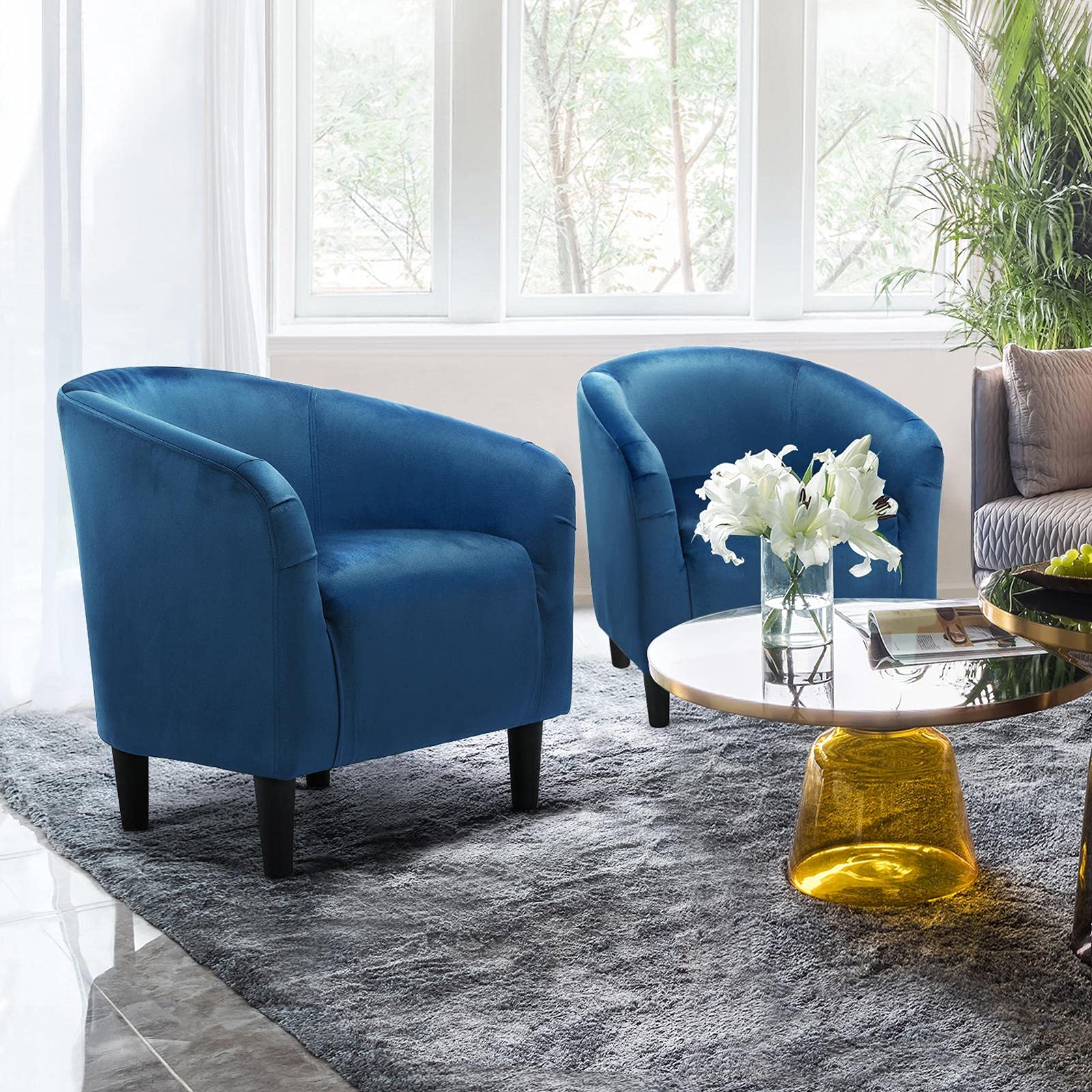 Yaheetech Modern Velvet Barrel Accent Chairs - Set of 2 Soft Padded Club Chairs with Sturdy Metal Legs for Living Room, Bedroom & Home Office - Pagoda Blue - Perfect for Reading Nooks, Lounge Areas & Guest Seating