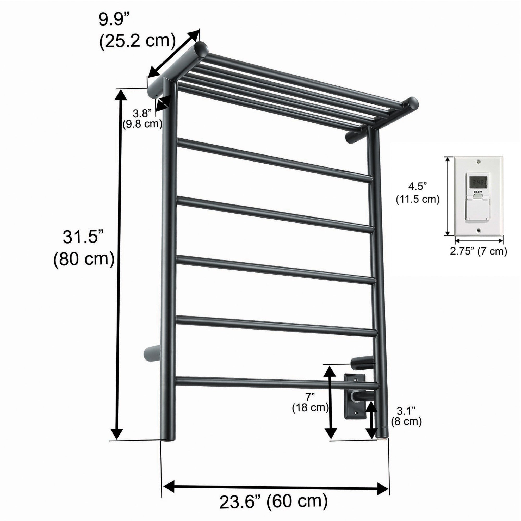 Ancona Miazzo 5 Bar Electric Wall Mount Towel Warmer - Plug In or Hardwire with Shelf & Timer - Matte Black - Perfect for Bathroom, Spa & Luxury Home Heating