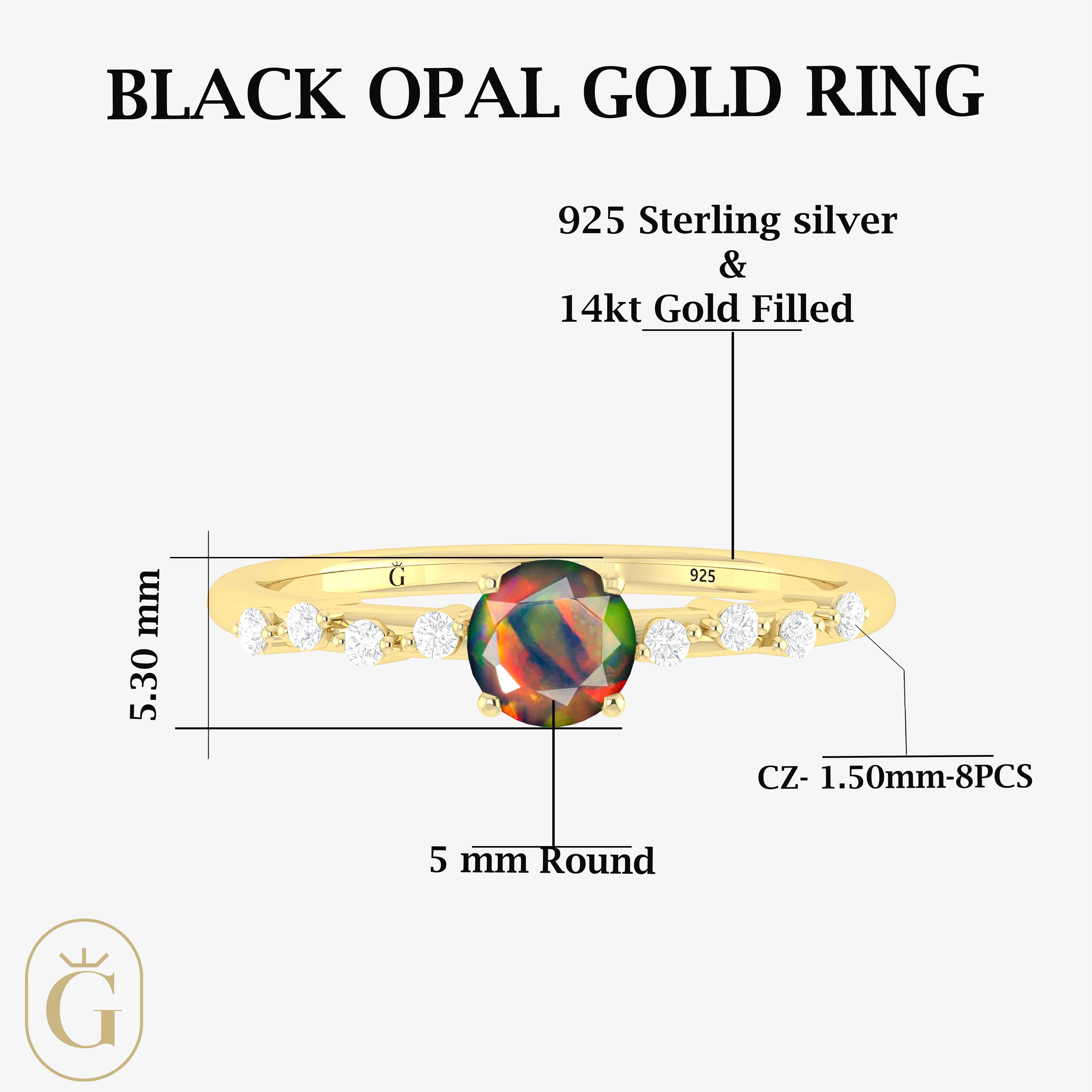 Natural Black Opal Round Stone Minimalist Solitaire Ring with Accent Diamonds | Elegant Wedding, Engagement & Everyday Jewelry for Women