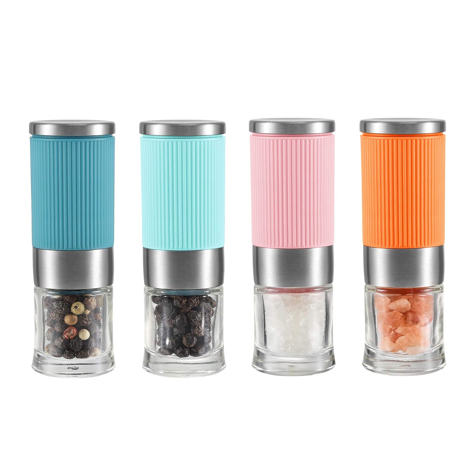 VEVOK CHEF 4-Piece Mini Salt and Pepper Grinder Set - Portable Glass Spice Mill with Ceramic Grinder, Black Pepper Shaker & Salt Mill for Travel, Lunch Box, Kitchen, Camping & Home Cooking Gifts