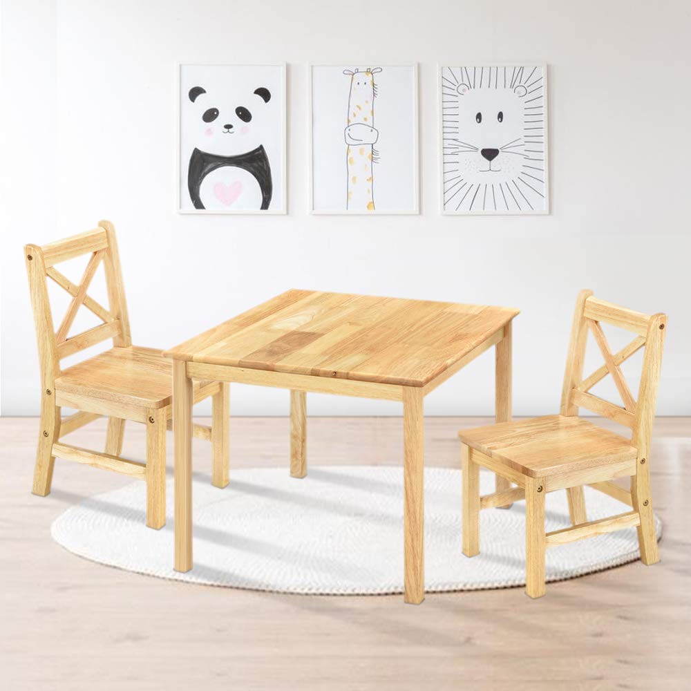 Solid Hardwood Kids Table and Chair Set (2 Chairs Included) - Natural 3-Piece Wooden Furniture for Toddlers - Perfect for Playroom, Preschool Learning & Arts & Crafts Activities