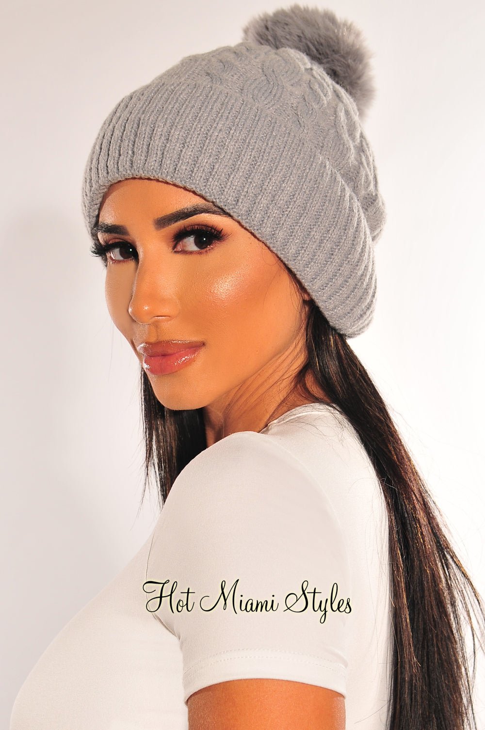 Cozy Gray Cable Knit Pom Beanie Hat for Women & Men - Winter Warm Knitted Slouchy Beanie with Faux Fur Pom - Perfect for Snowboarding, Skiing & Outdoor Activities