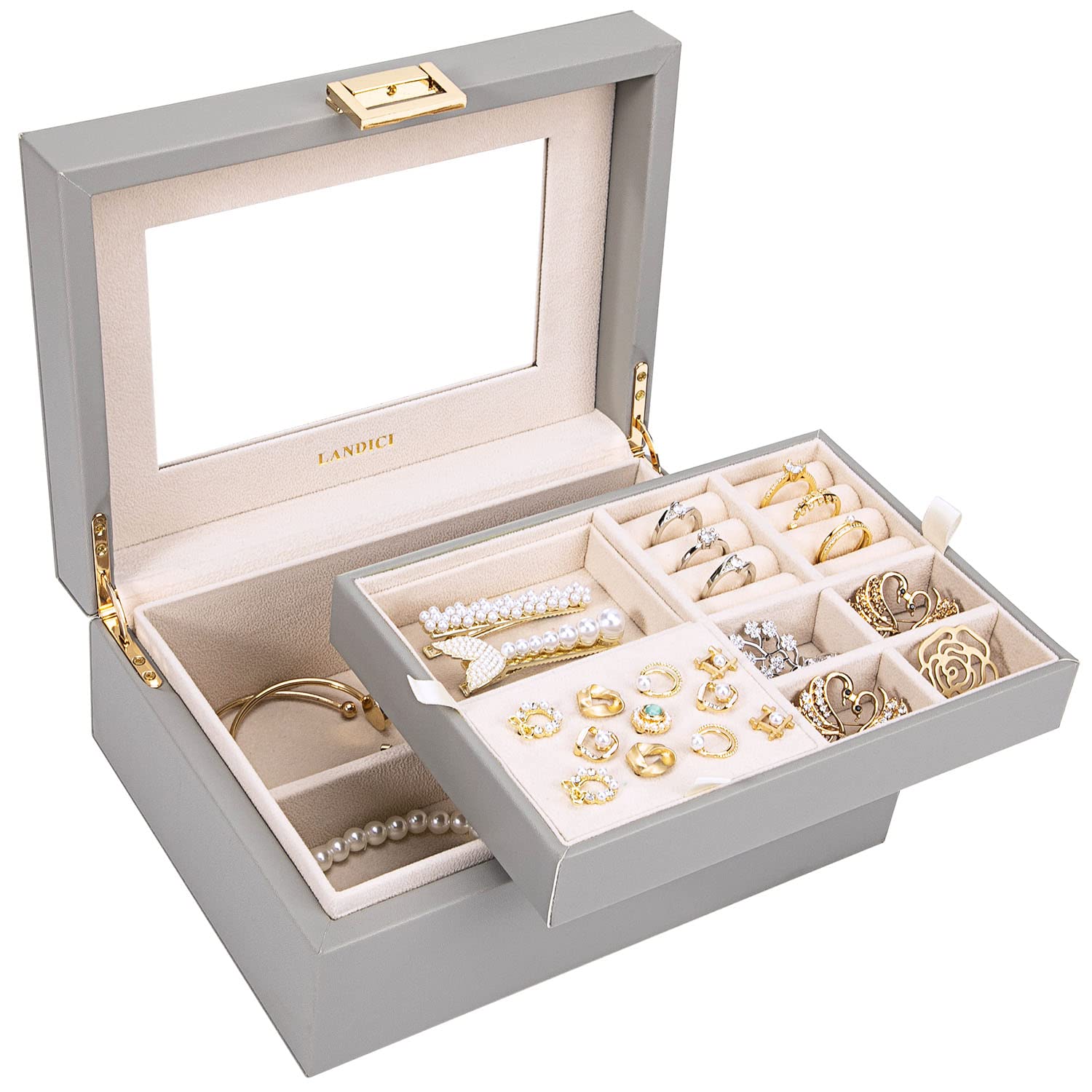 LANDICI Large Jewelry Organizer Box for Women & Teens - 2 Layer Stackable Storage Case with Mirror, Leather Jewelry Display Holder for Rings, Necklaces, Earrings & Bracelets - Perfect for Travel, Home & Gift (Grey)