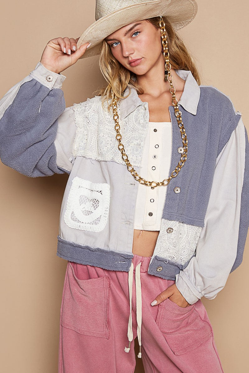 Stylish POL Crochet Patch Exposed Seam Button-Up Jacket for Women - Vintage Boho Fashion Outerwear for Spring & Fall