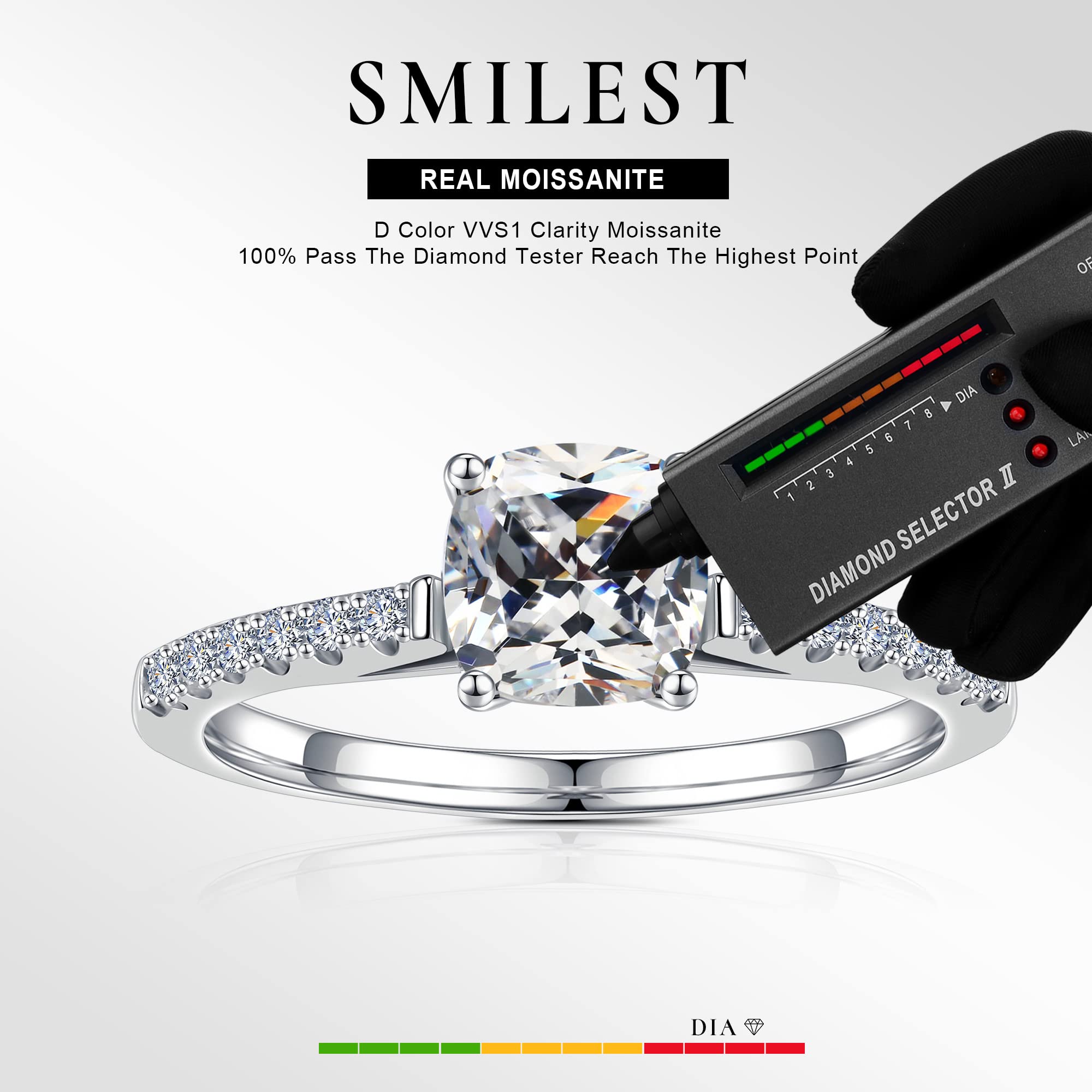 1.5ct Cushion Cut D Color VVS1 Clarity Lab Created Moissanite Engagement Ring for Women - 18K White Gold Plated Sterling Silver with Side Stones, Perfect Wedding Proposal, Anniversary & Valentine's Day Gift for Wife, Bridal Jewelry for Special Occasions