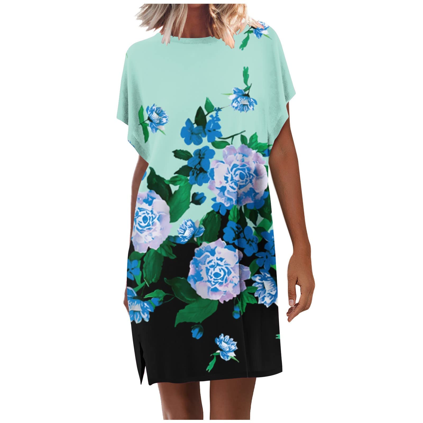 2023 Women's Summer Floral Printed Crewneck Casual Dress - Loose Flowy Short Sleeve T-Shirt Shift Dress for Beach, Vacation & Everyday Wear