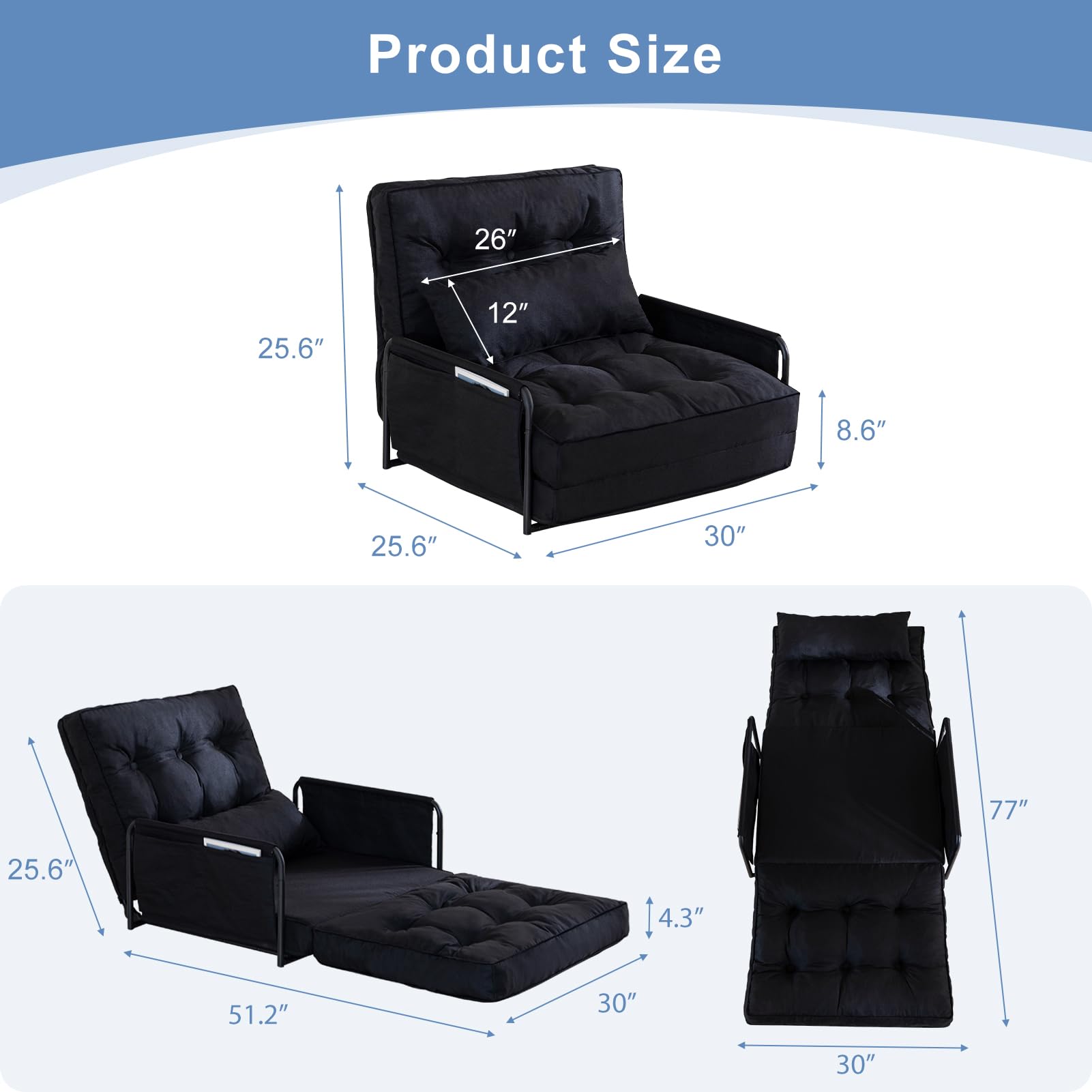 MAXYOYO Adjustable Floor Sofa Bed - Multi Functional Folding Couch Bed with Pillows for Living Room, Guest Room & Small Spaces - Single Size Black Futon for Lounge, Nap & Sleep