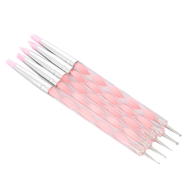 Urbanbox 5PC Dual-End Nail Art Pen Set - Silicone Head Dotting & Carving Tools for Polymer Clay & Nail Design (Pink) | Professional Manicure, DIY Nail Art, Sculpting & Crafting