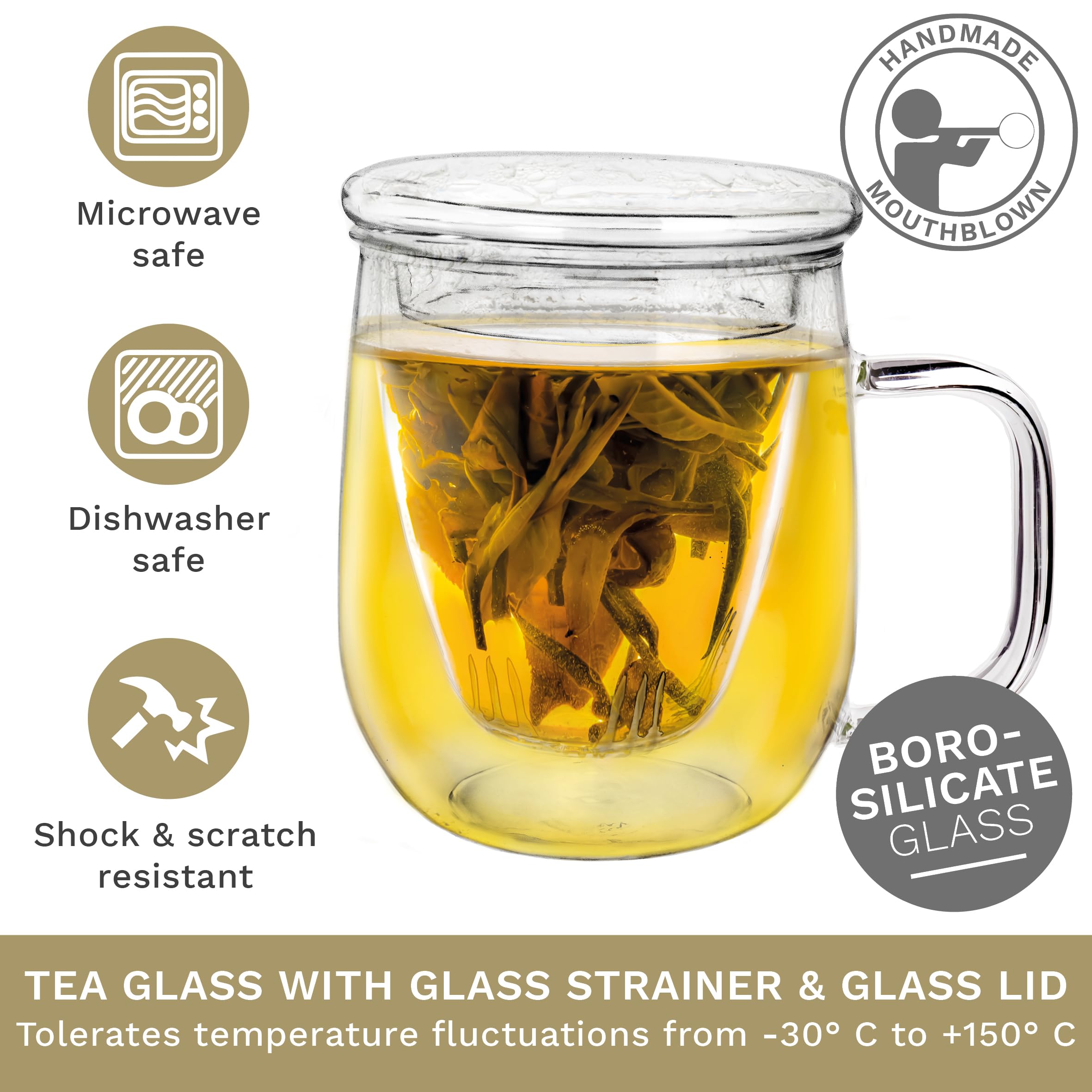 Creano 450ml Glass Tea Cup with Strainer & Lid - Premium Loose Leaf Tea Maker for Home & Office - Perfect for Green Tea, Herbal Tea & Iced Tea Brewing