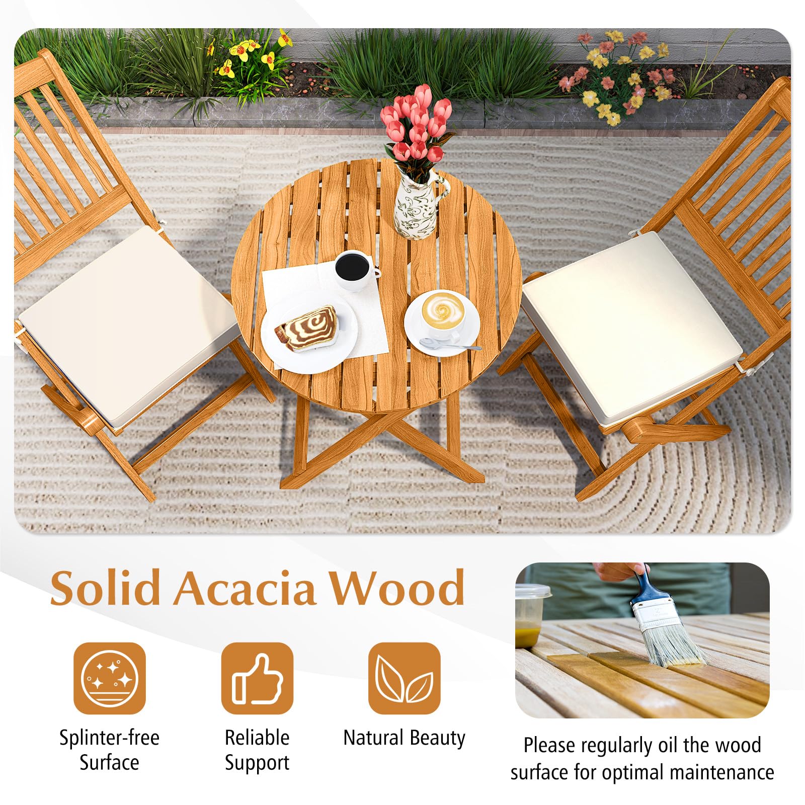 Tangkula 3-Piece Acacia Wood Patio Bistro Set with Cushions - Outdoor Folding Table & Chairs for Garden, Deck, Balcony, Backyard - Perfect for Dining, Relaxing & Entertaining