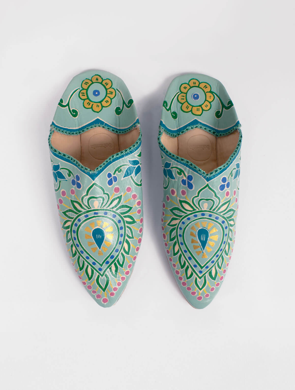 Hand Painted Leaf Babouche Slippers - Sage Green Moroccan Style House Shoes for Women | Comfortable Home & Lounge Wear for Relaxation