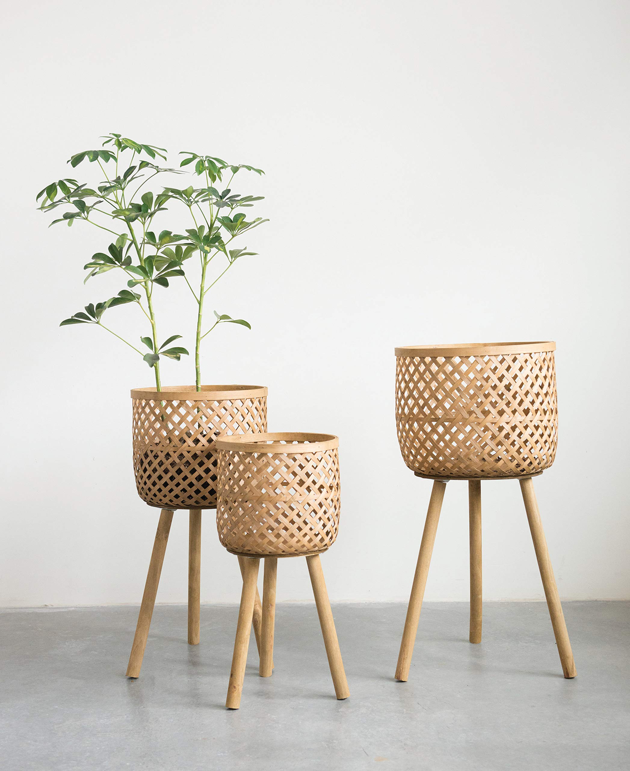 Round Bamboo Storage Baskets with Wooden Legs - Set of 3 Sizes (Small, Medium, Large) for Home Organization, Nursery, Laundry Room & Bathroom Decor