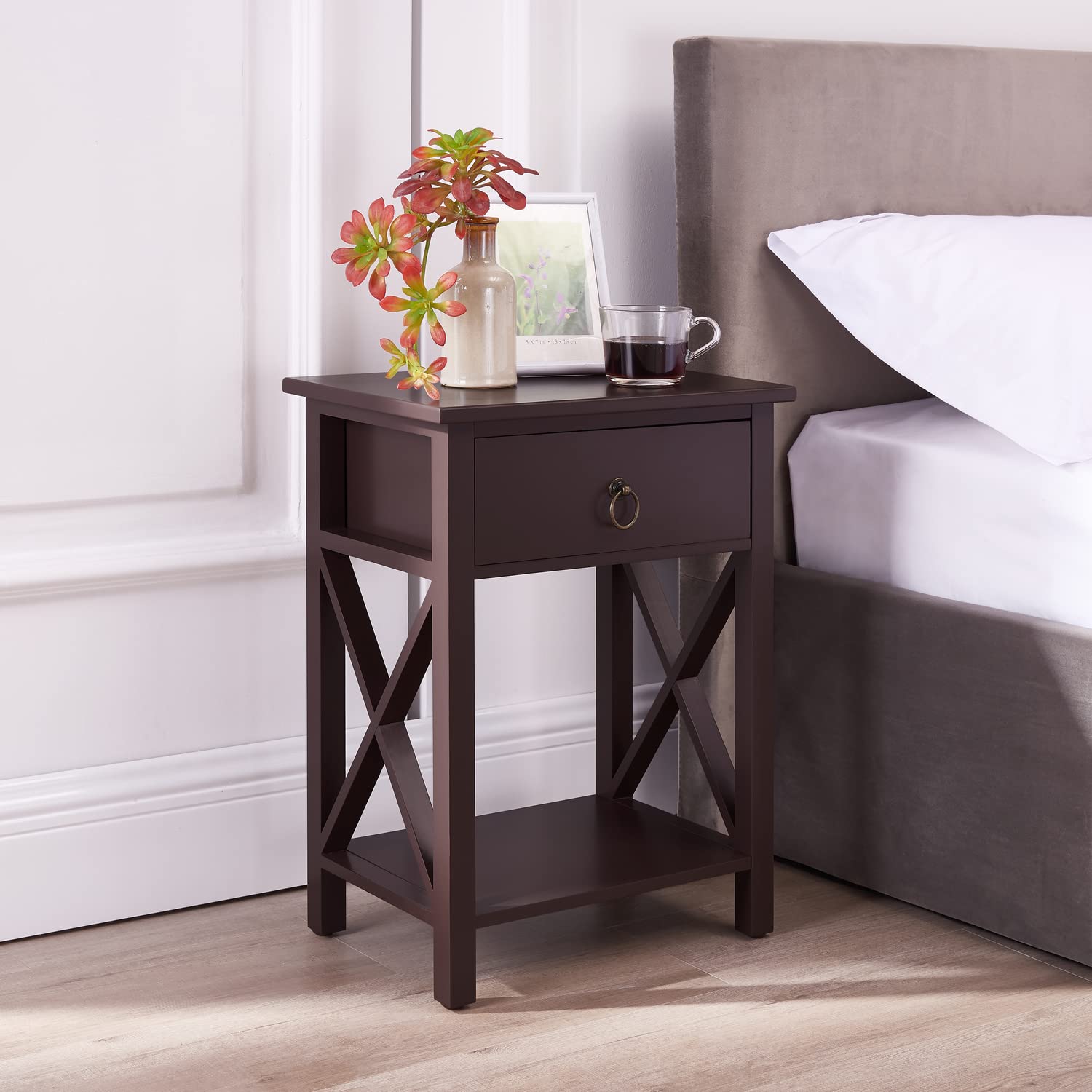 Naomi Home Small Nightstand with Storage Shelf & Drawer - Solid Wood Bedside Table for Bedroom, Living Room - Espresso Finish for Modern & Traditional Decor