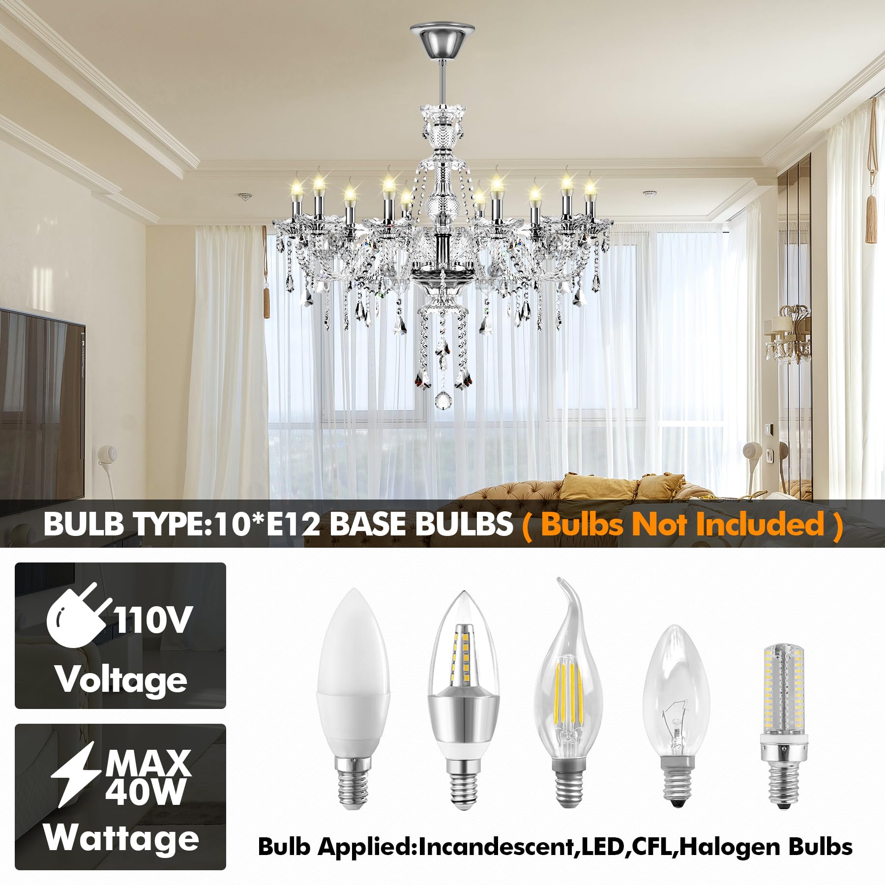 Modern Crystal Chandelier Ceiling Light Fixture - 10-Light E12 Base Pendant Lamp for Living Room, Dining Room, Bedroom, Hallway | Elegant Lighting for Home, Hotel, Restaurant & Bar Decor