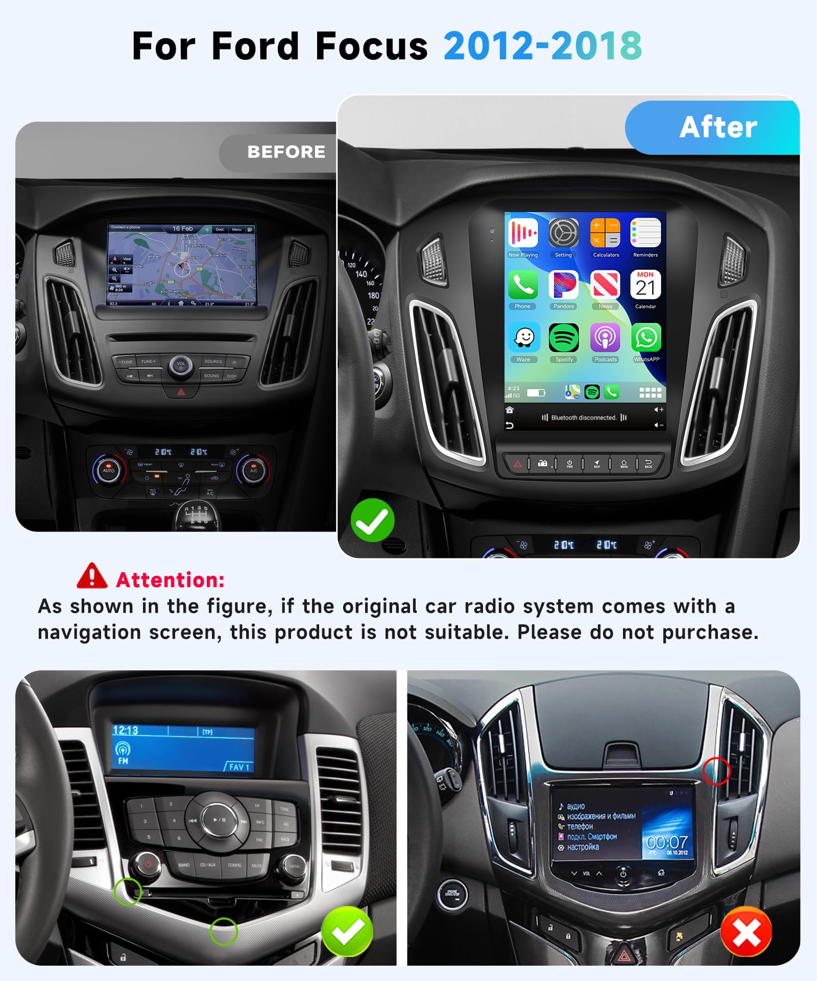 Ford Focus 2012-2018 Android 13 Car Stereo with Wireless Apple CarPlay & Android Auto - 9.7