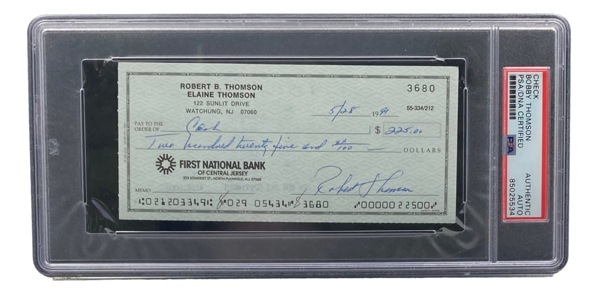 Authentic Bobby Thomson New York Giants Signed Bank Check with PSA/DNA Certification 85025534 - Perfect for Sports Memorabilia Collectors and Baseball Fans