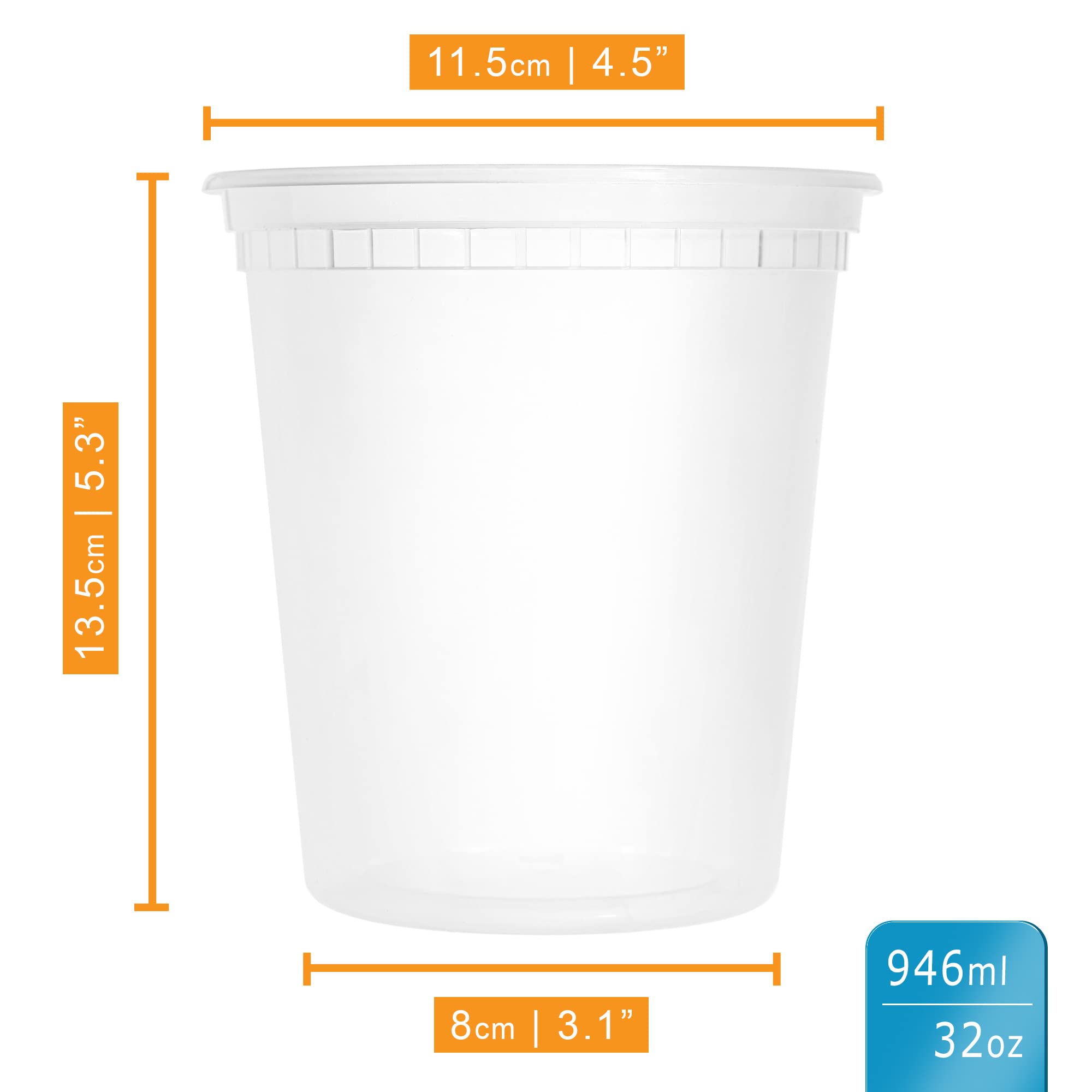 Stackables 12-Pack Round Food Storage Containers (32oz/946ml) with Lids - Reusable Microwave & Dishwasher Safe Plastic Deli Containers - Perfect for Meal Prep, Leftovers, Soup Storage & Takeout
