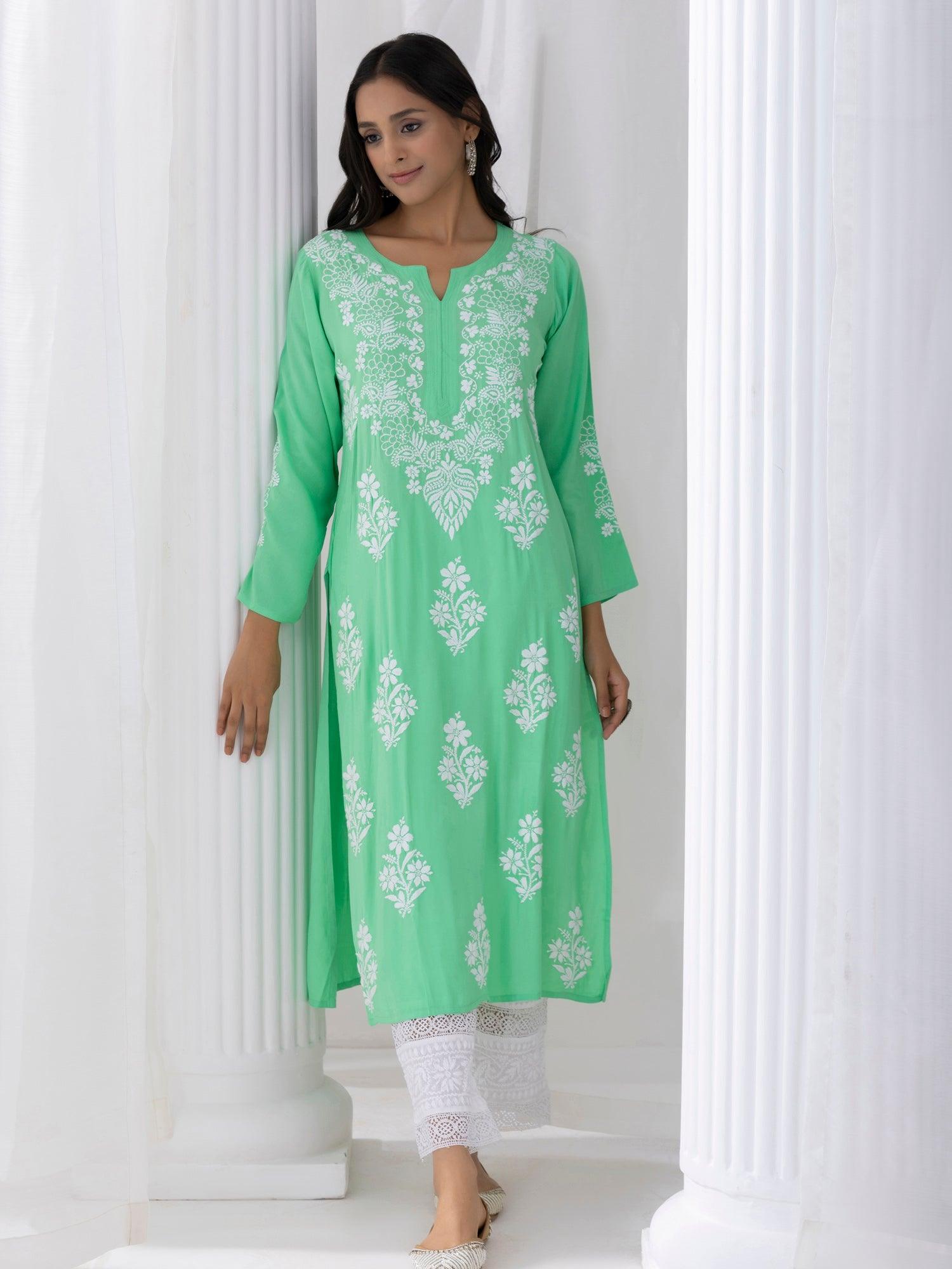Fizaa Hand Embroidered Chikankari Kurta for Women - Sea Green Cotton Ethnic Tunic Top | Perfect for Festivals, Weddings & Casual Wear