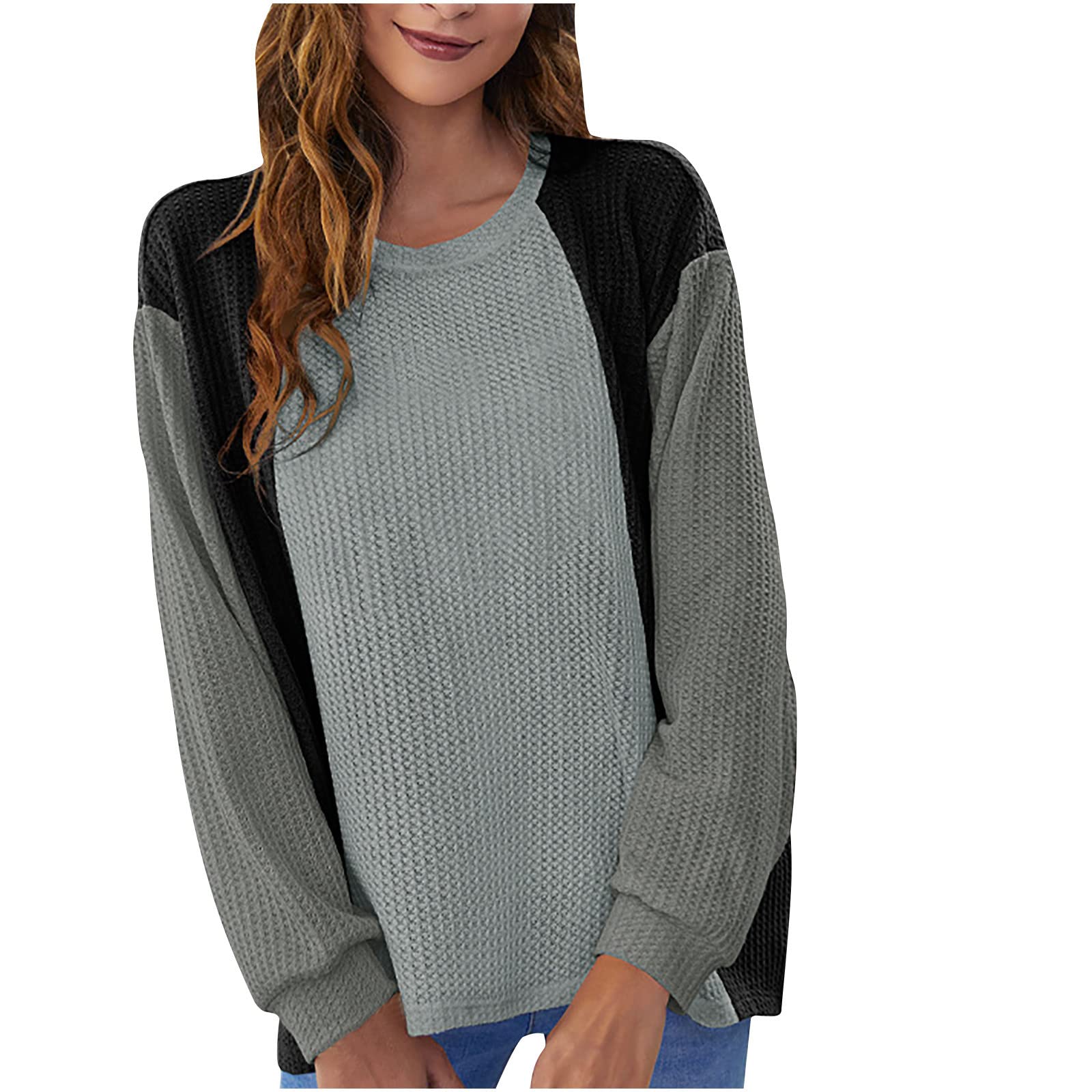 Women's Colorblock Waffle Knit Long Sleeve Crew Neck Pullover Blouse - Plus Size Casual Loose Top for Fall | Perfect with Leggings for Work, Weekend & Layering