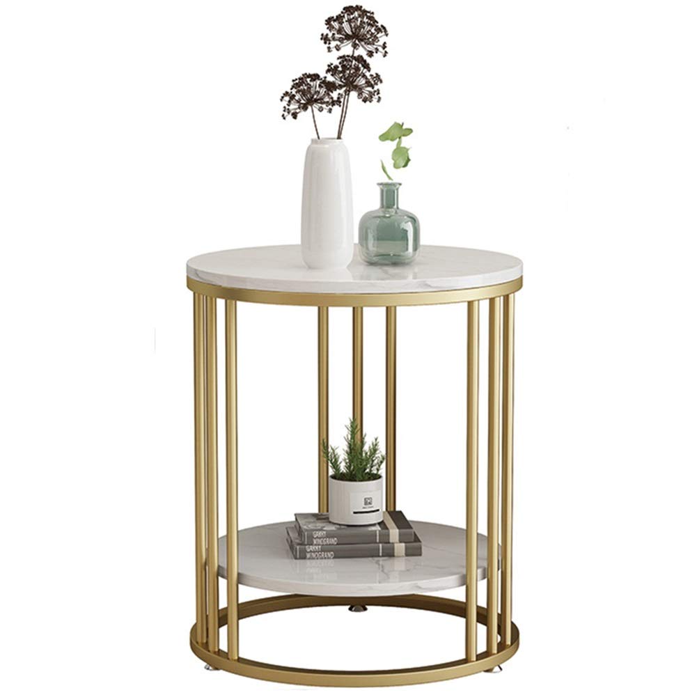ZAQI Gold Marble End Table - 16 Inch Round Nightstand with 2 Tiers, Nordic Style Side Table for Small Spaces, Living Room, Bedroom, Balcony & Teen Girls Room - Perfect for Couch, Recliner & Kitchen Use