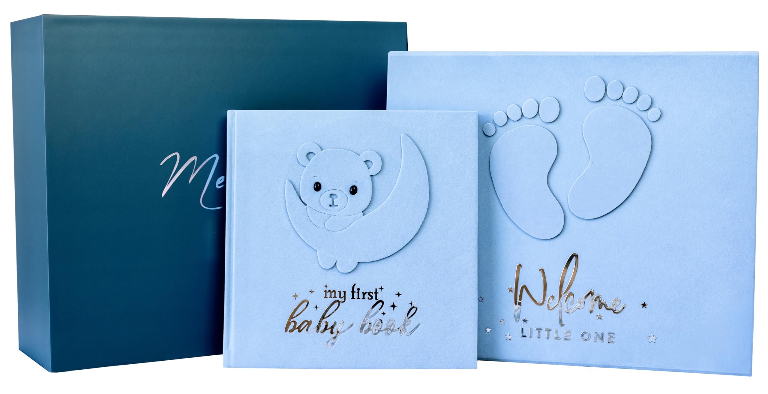 Handmade Baby Memory Book & Scrapbook Photo Album with Keepsake Box - Newborn First Year Journal with Hand & Footprint Kit - Perfect for Baby Shower Gifts & 0-12 Month Milestones (Teddy Bear Boy, Blue)