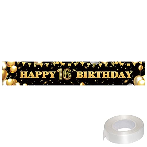 Happy 16th Birthday Banner Black Gold