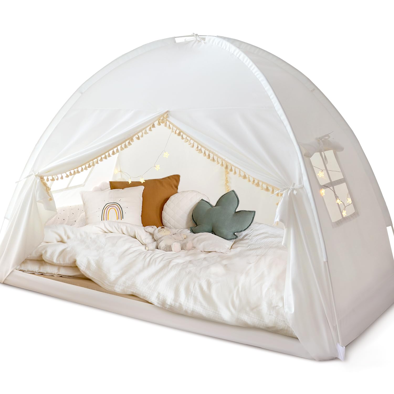 **Bohemian Tassel Twin Bed Tent for Kids – Indoor Privacy Canopy for Girls & Boys, White Play Tent for Dreamy Sleep & Play | Perfect for Bedrooms, Sleepovers & Imaginative Play**