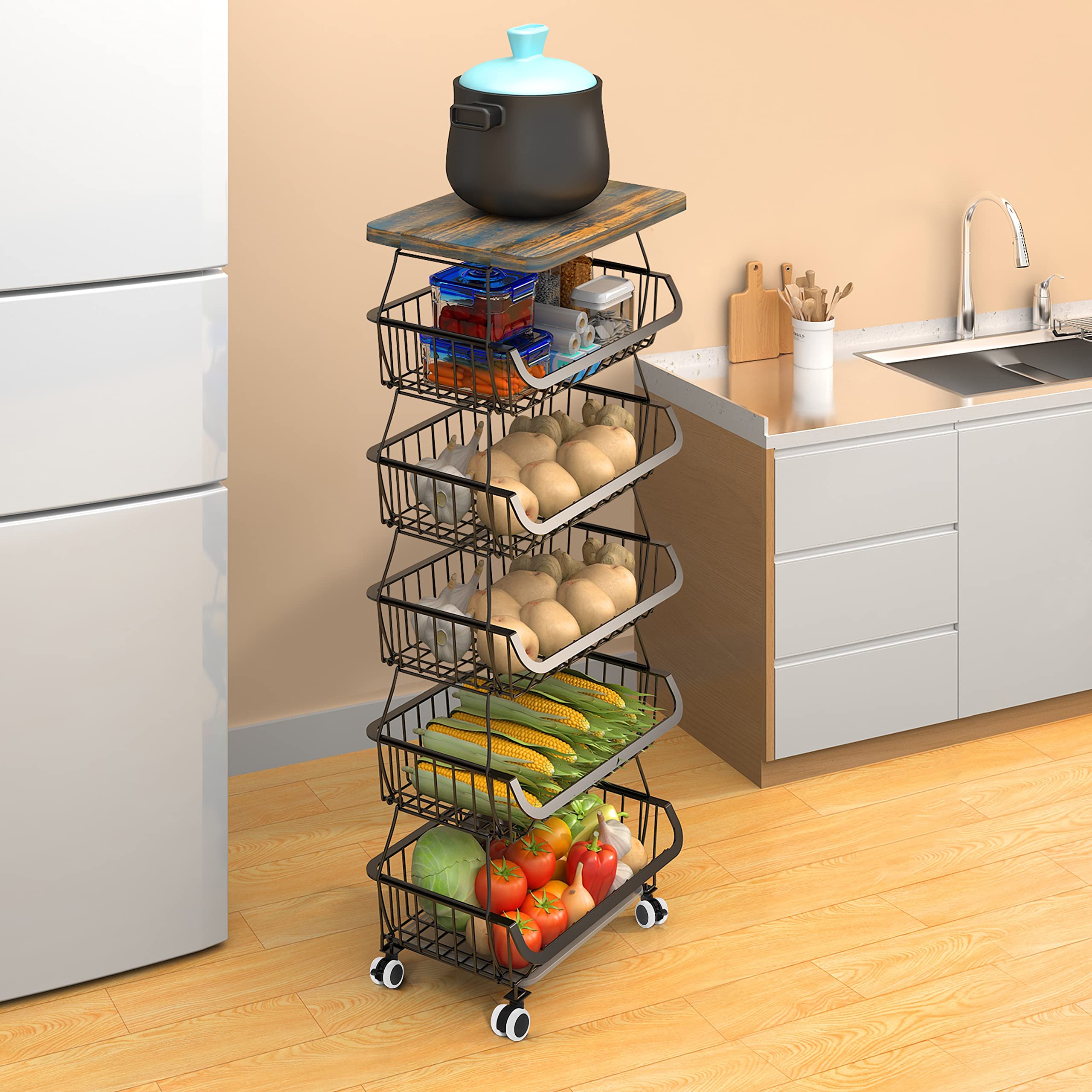 6-Tier Stackable Metal Wire Kitchen Storage Baskets with Tabletop - Organize Fruits, Vegetables & Pantry Items - Perfect for Kitchen, Garage & Home Organization