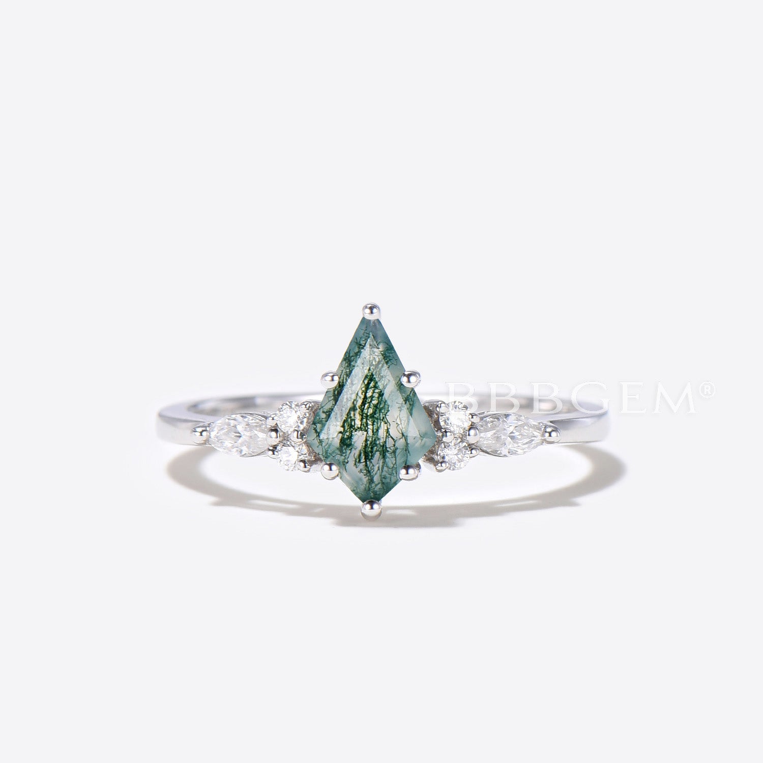 Seven Stone Kite Moss Agate Ring in 14K White Gold with Diamond Accents - Elegant Engagement Ring for Women, Wedding Proposal, Anniversary Gift, and Special Occasions