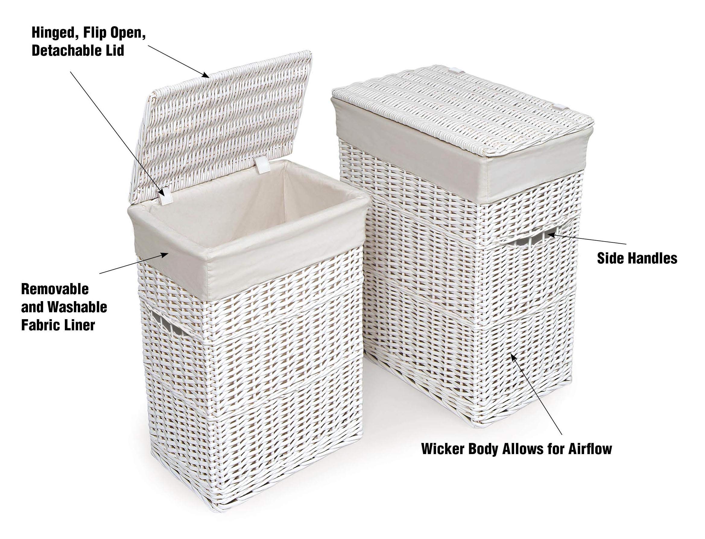 White Wicker Two Hamper Set with Removable Liners - Laundry Basket for Bedroom, Bathroom & Closet Organization