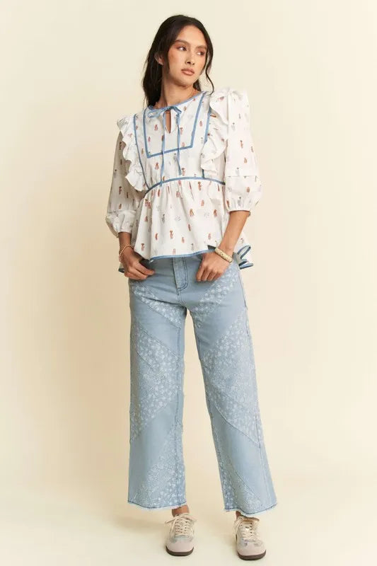 Women's Denim Binding Bodice Blouse - Stylish Vintage-Inspired Top for Casual Wear & Date Nights