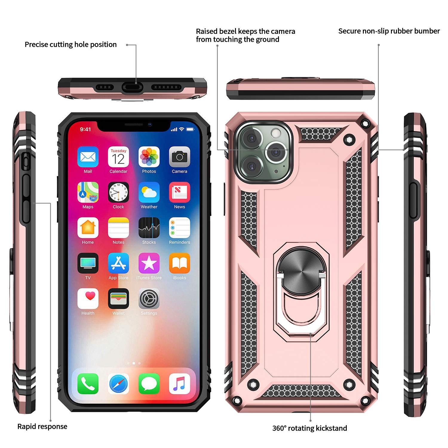 LeYi iPhone 12 Pro Max Case with [2 Pack] Tempered Glass Screen Protector & Camera Lens Protector - Military-Grade Shockproof Phone Cover for Women & Men in Rose Gold - Perfect for Outdoor Activities, Work & Daily Protection