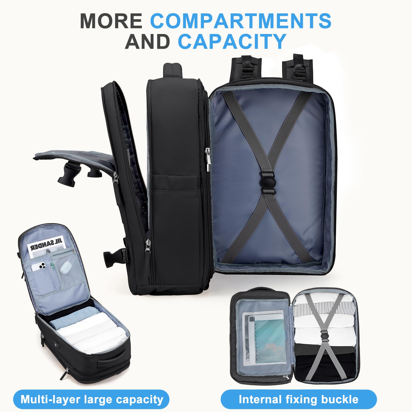 Coowoz Large Travel Backpack for Women & Men - Waterproof Expandable Carry On Backpack for Hiking, Outdoor Sports & Daily Use - Heavy Duty Extra Large Rucksack with Expansion (Black) - Perfect for Air Travel, Camping & Work Commute