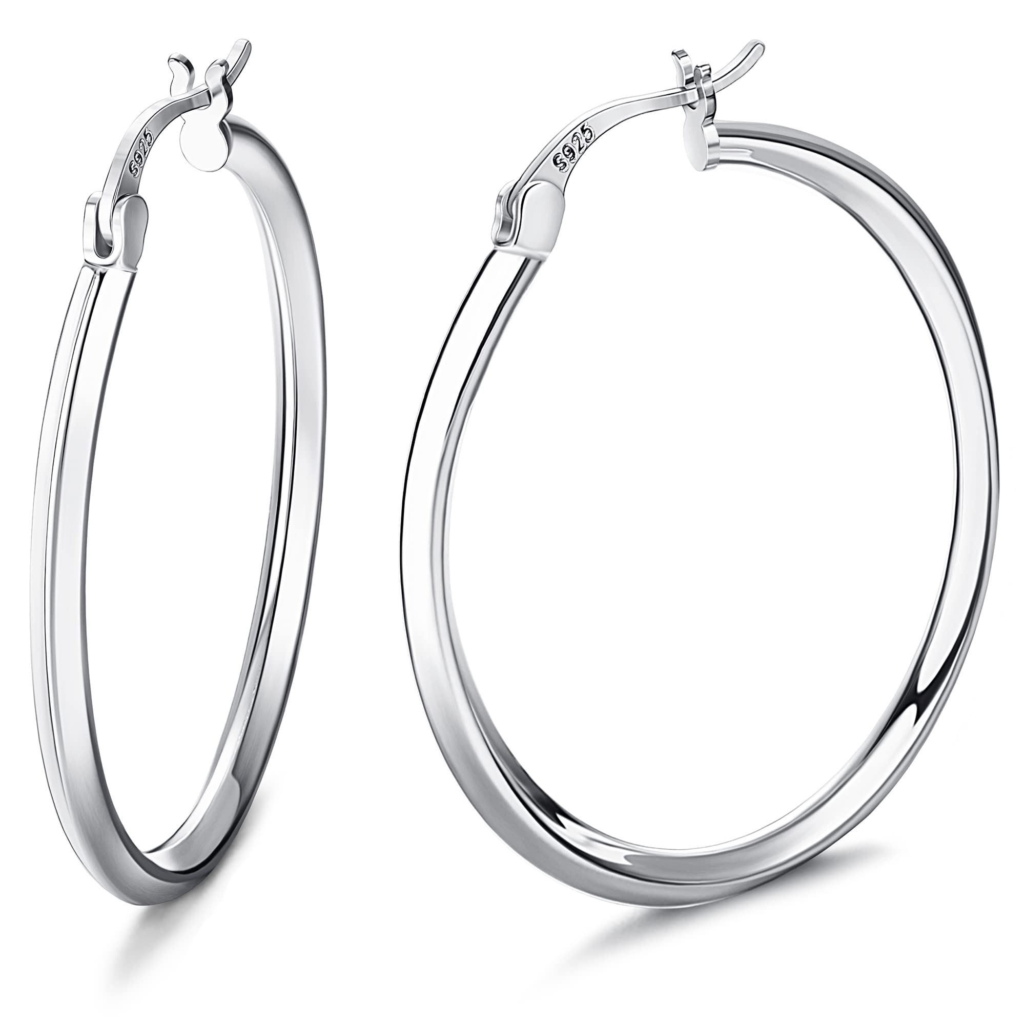 Milacolato 925 Sterling Silver Hoop Earrings for Women - High Polished Beveled Edge Huggie Hoops, 18K White Gold Plated Lightweight Click-Top Hoop Earrings - Perfect for Everyday Wear, Parties & Gifts