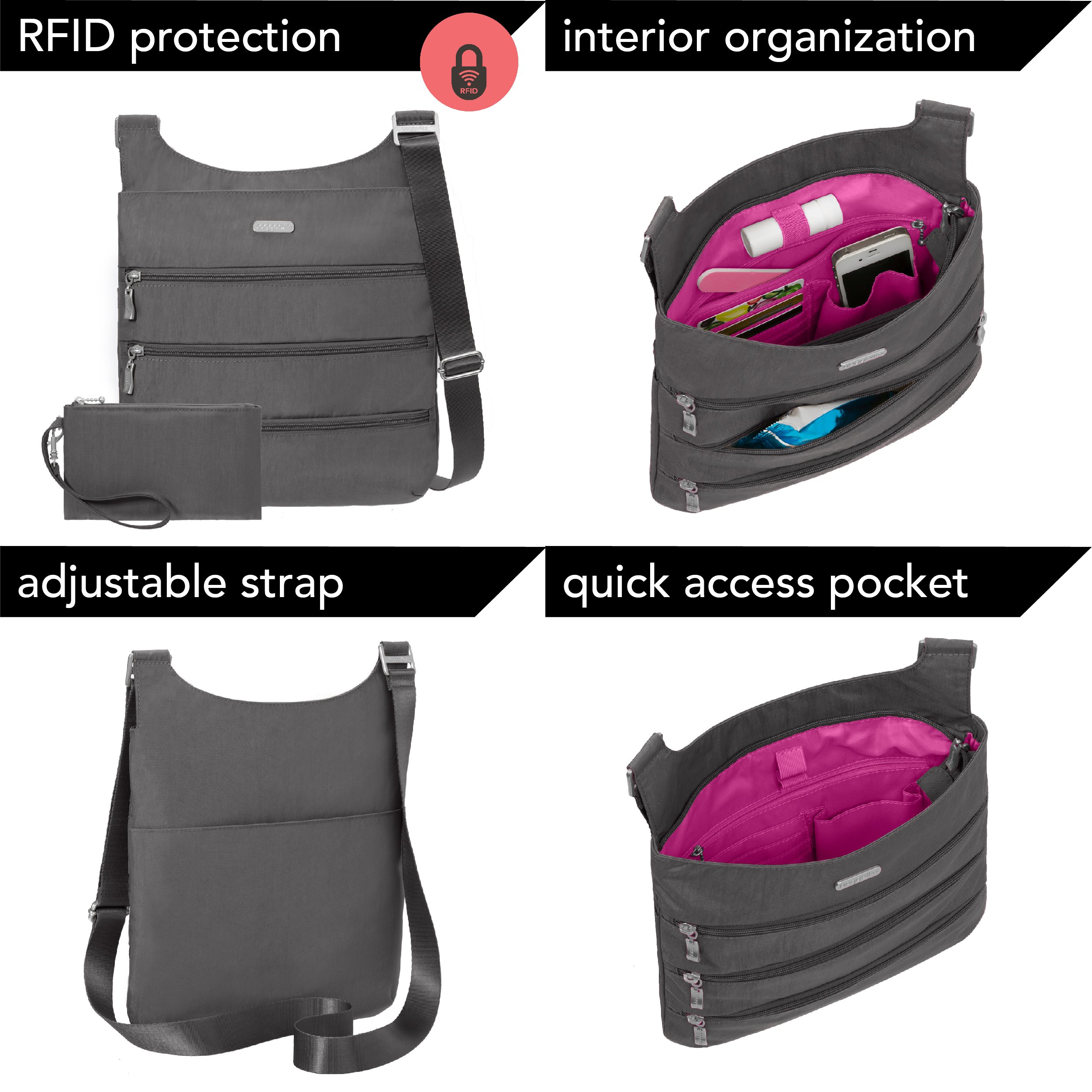 Baggallini Big Zipper Travel Crossbody Bag for Women - Lightweight Anti-Theft Purse with Multiple Pockets - Perfect for Travel, Commuting & Everyday Use