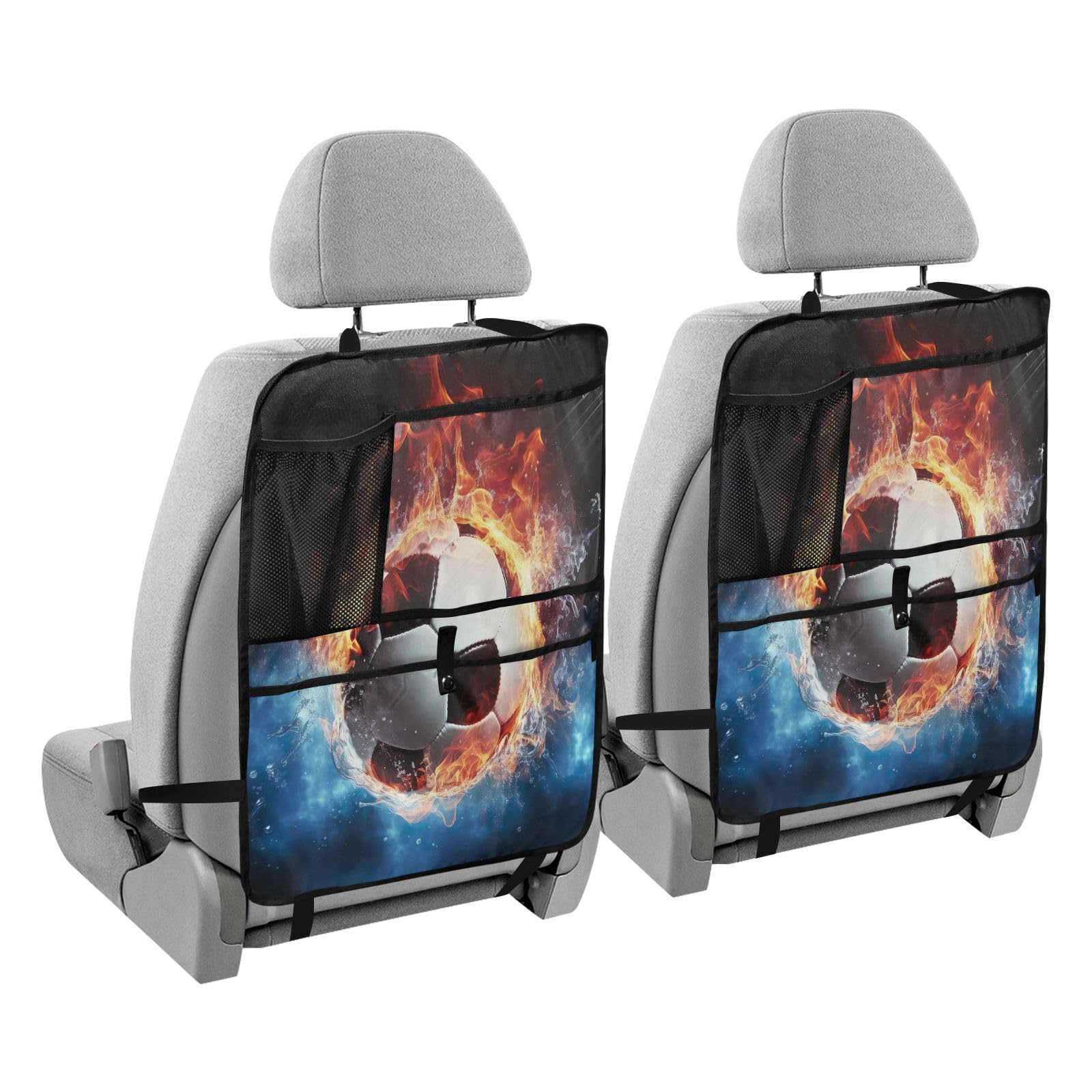RunningBear Soccer Ball Design 2-Pack Car Seat Protectors - Waterproof & Fire-Resistant Kick Mats with Storage Pockets for Kids | Perfect for Road Trips, School Commutes & Family Travel
