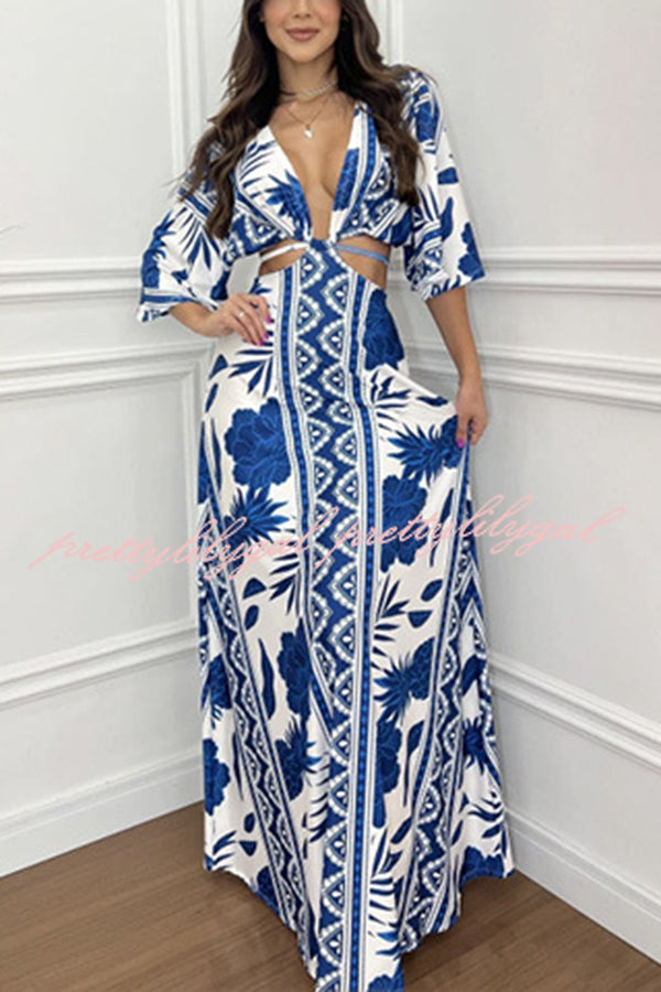 Wilma Unique Print Cutout Elastic Waist Tie Up Kimono Sleeve Maxi Dress - Women's Flowy Summer Beach Cover Up Dress for Vacation, Party & Boho Fashion