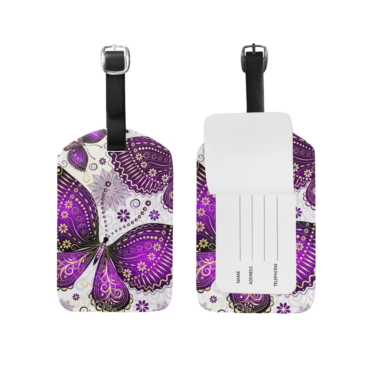 Stylish Purple Butterfly Flower Luggage Tag - Durable PU Leather Suitcase ID Tag for Travel Bags | Perfect for Airports, Cruises & Vacation Identification