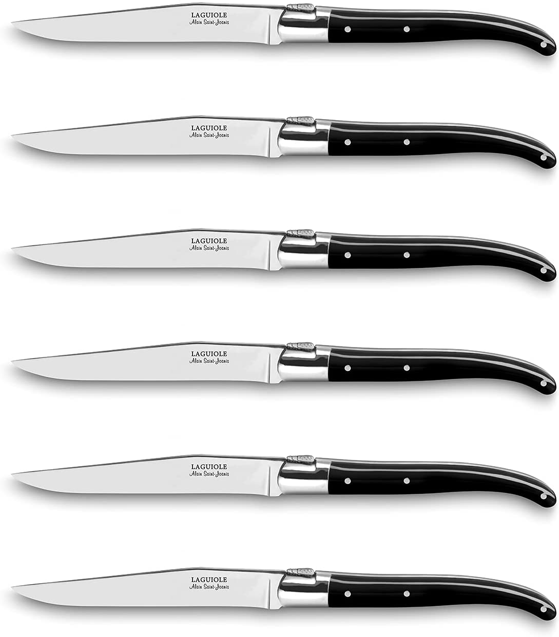 Premium ALAIN SAINT JOANIS Laguiole Steak Knives Set - 6-Piece Boxed Set with Black Resin Handles - Perfect for Fine Dining, Steakhouse Experience & Gourmet Gifts