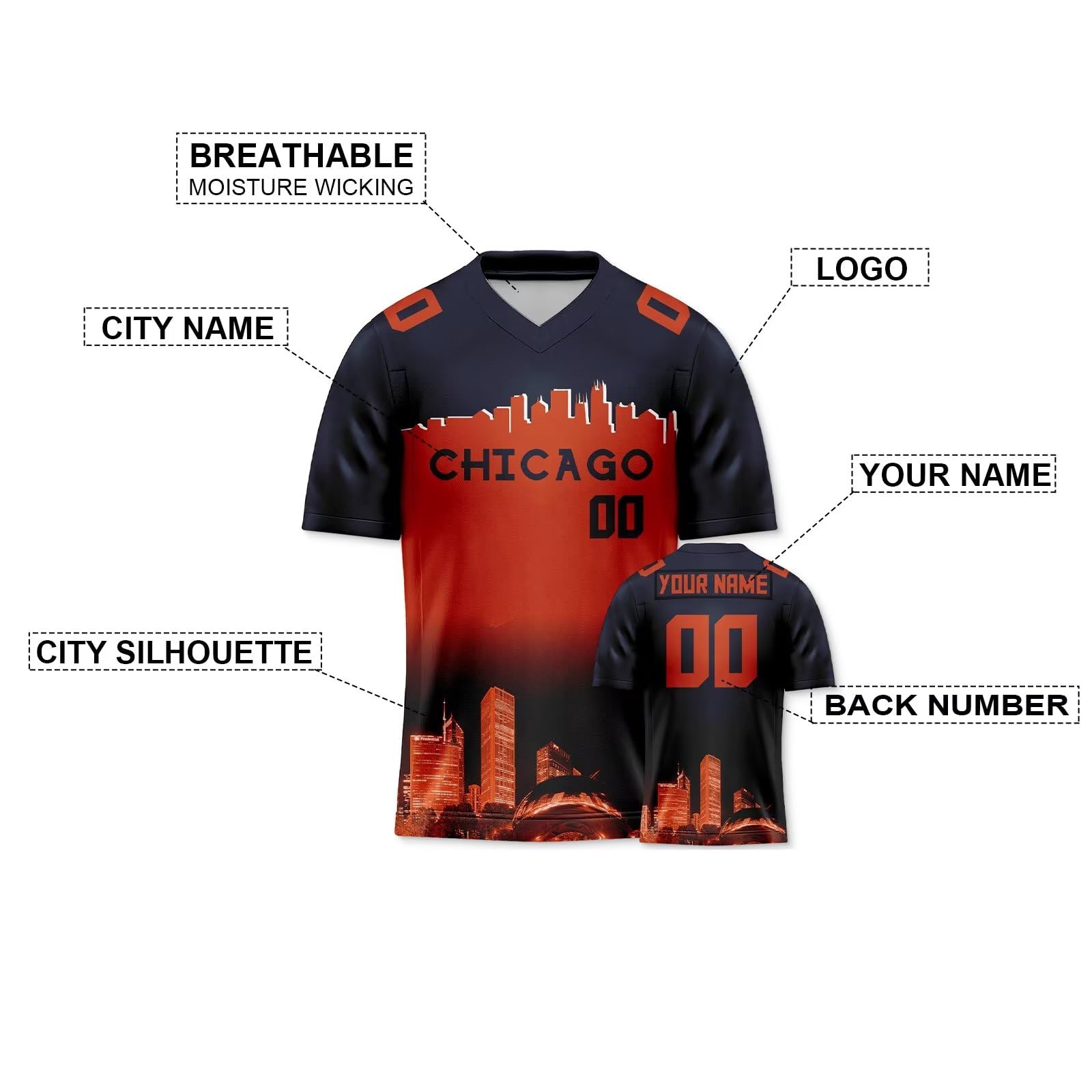Custom Personalized Football Jersey with City Night Skyline Design - Men Women Youth Name & Number Jersey - Perfect for Game Day, Fan Gifts & Sports Fashion (Ideal for NFL, College Football & Tailgate Parties)