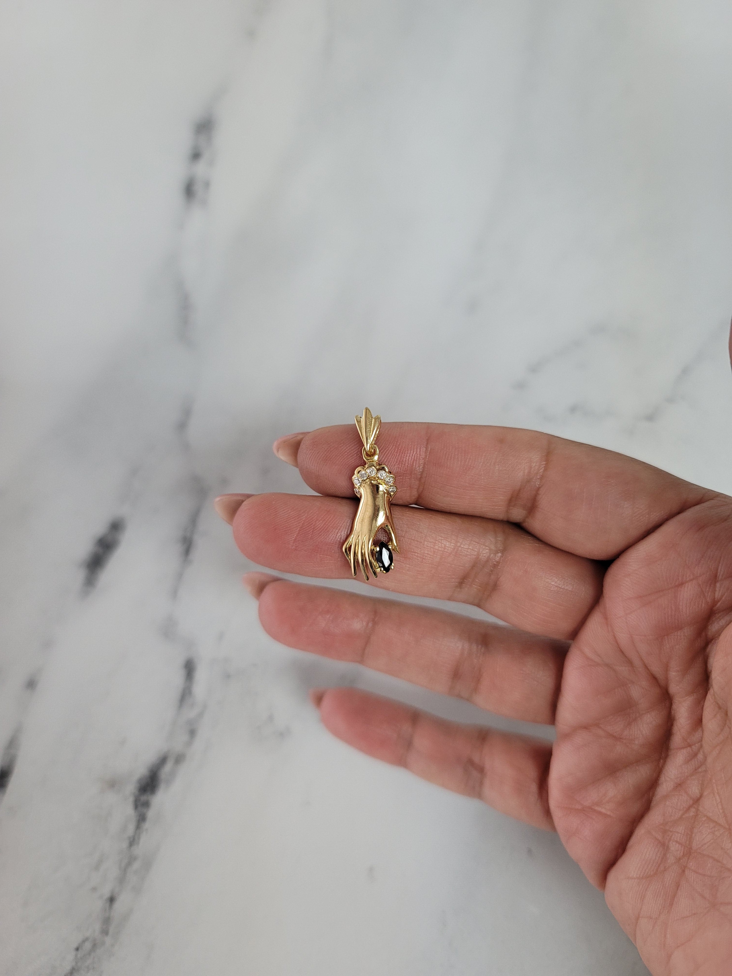 14K Yellow Gold Diamond & Sapphire Mudra Hand Necklace - 0.26cttw Spiritual Jewelry for Meditation, Yoga & Blessing Gifts