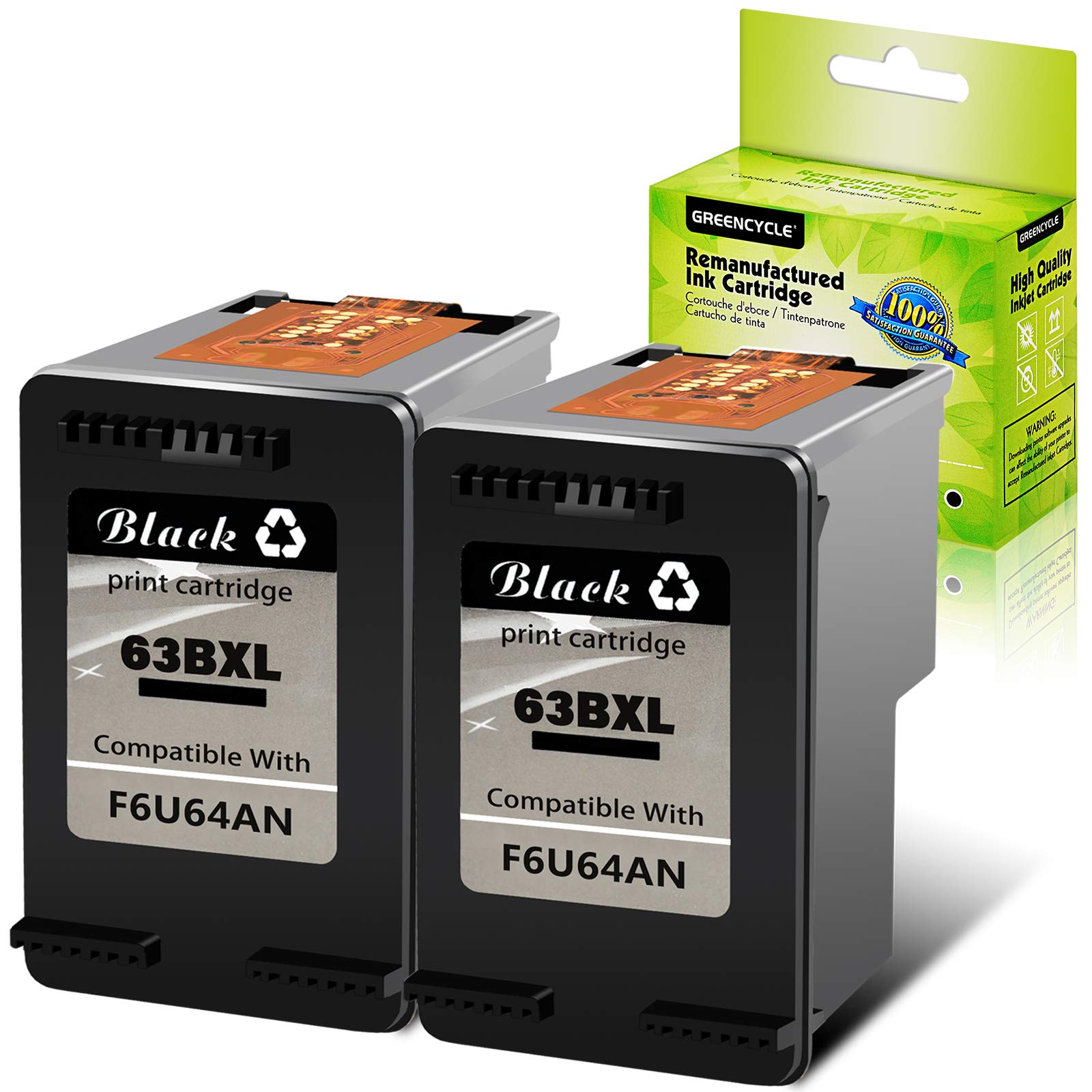 High Yield Black Ink Cartridge Replacement for HP 63 63XL F6U64AN - Compatible with Envy 4510 4528, Officejet 4650 5258, Deskjet 1110 3637 Printers (2 Pack) - Perfect for Home Office Printing, School Projects & Small Business Documents
