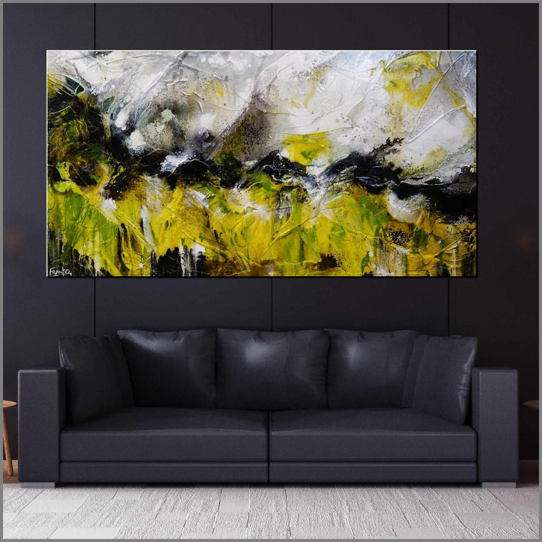 Green and White Textured Abstract Painting - 190cm x 100cm Lime Tonic Wall Art for Living Room, Bedroom & Office Decor | Modern Canvas Artwork