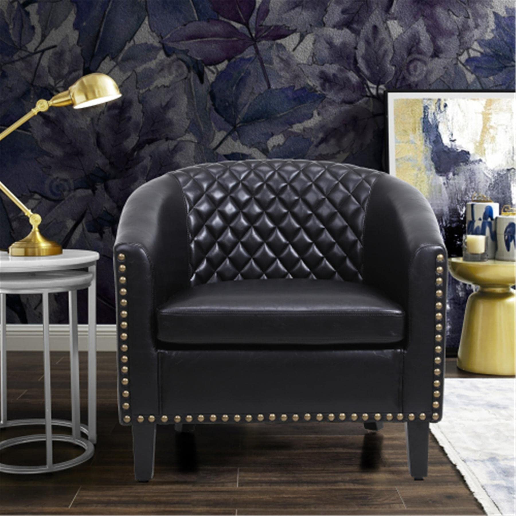 PU Leather Single Leisure Chair with Nailhead Trim & Diamond Stitched Back - Solid Wood Legs - Modern Accent Chair for Bedroom, Living Room & Office - Black