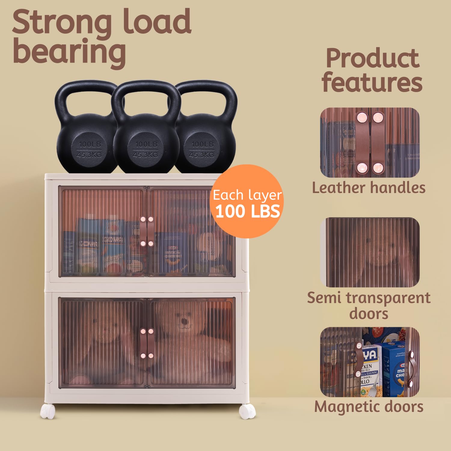 3-Tier Large Foldable Storage Bins with Lids - 95 Qt (285 Qt Total) Magnetic Door Stackable Organizers with Leather Handles & Wheels - Collapsible Storage Containers for Home, Office, Garage, and Closet Organization