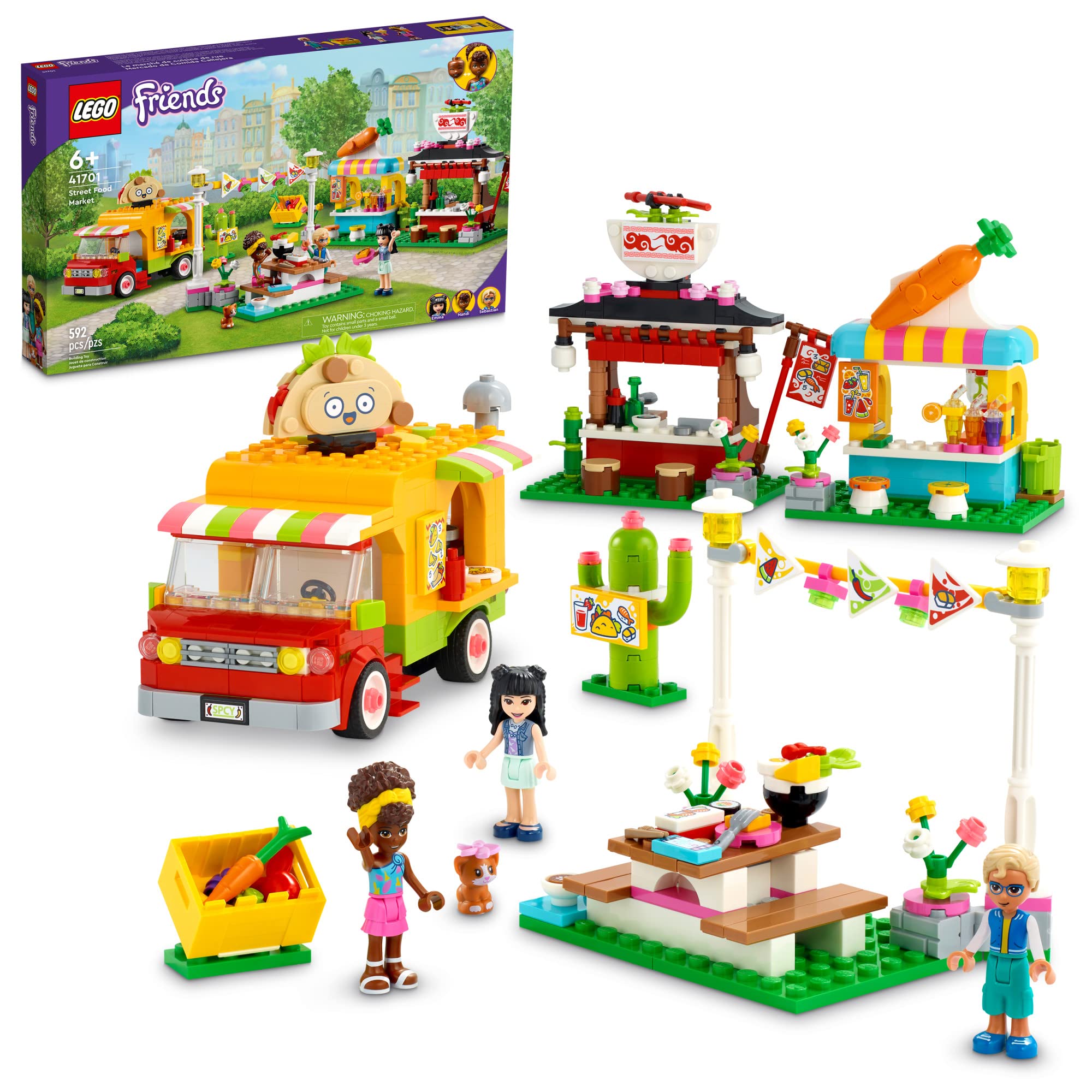 LEGO Friends Street Food Market 41701 Building Toy Set - 592 Pieces with Emma Mini-Doll & Kitten Figure, Creative Play Food Truck Playset for Kids Ages 6+, Perfect Birthday Gift for Girls & Boys | Pretend Restaurant, Role Play, STEM Learning Activity