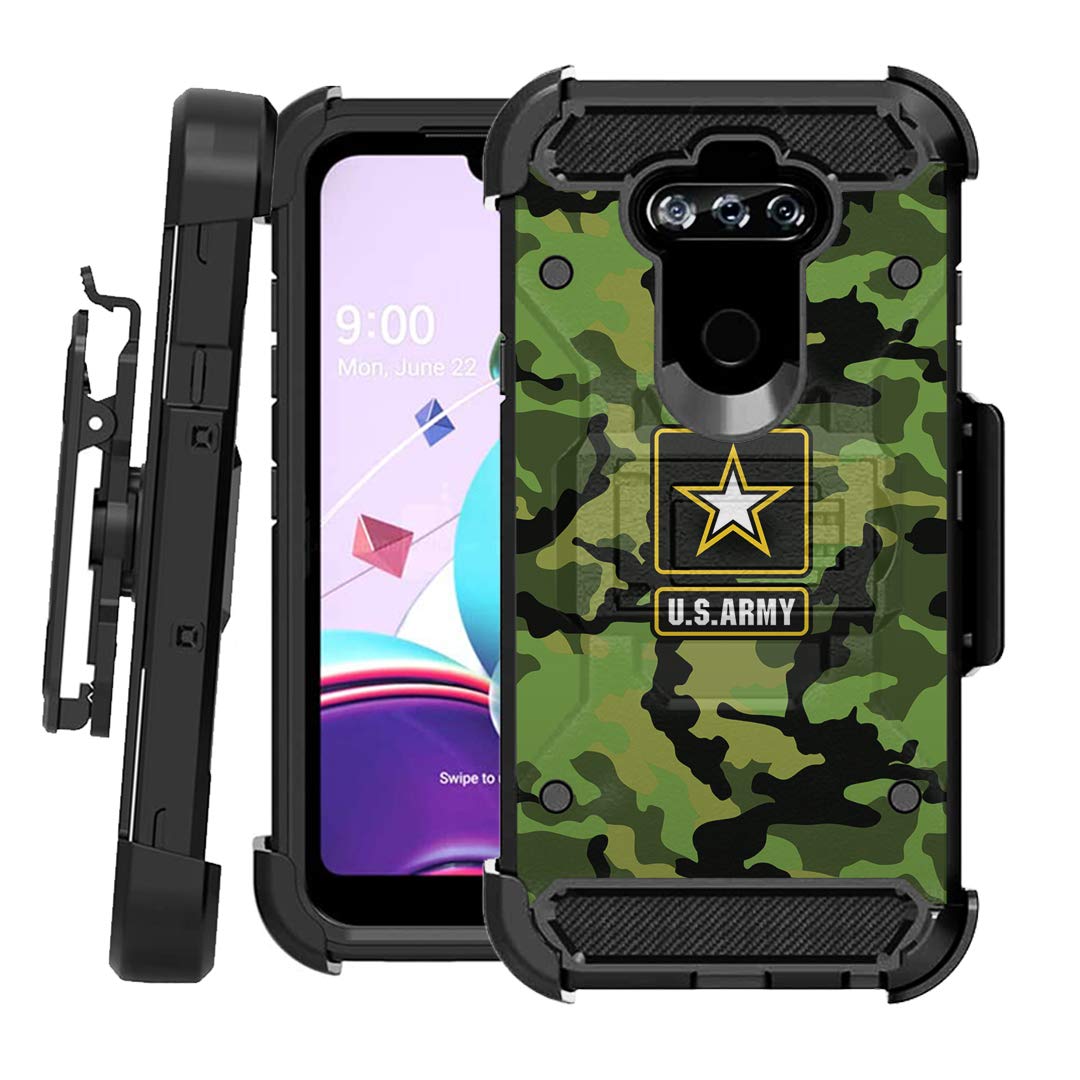 Rugged LG K8X Case with Kickstand & Holster - Army Camo for Outdoor Protection