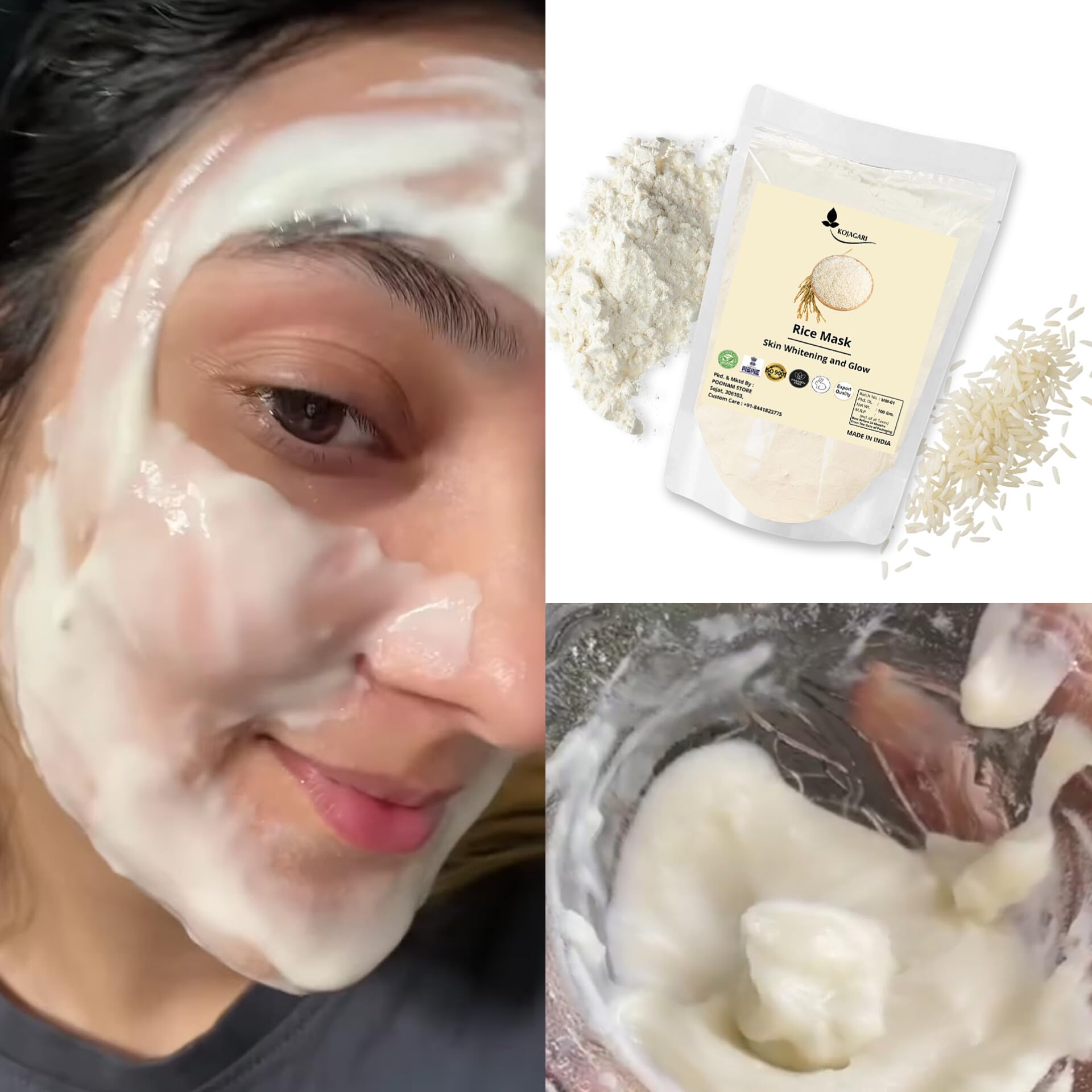 Kojagari Rice Mask with Vitamin C - Brightening & Glowing Skin Treatment for Acne, Dark Spots & Tanning - 100g Rice Powder Face Mask for Daily Skincare & Night Routine