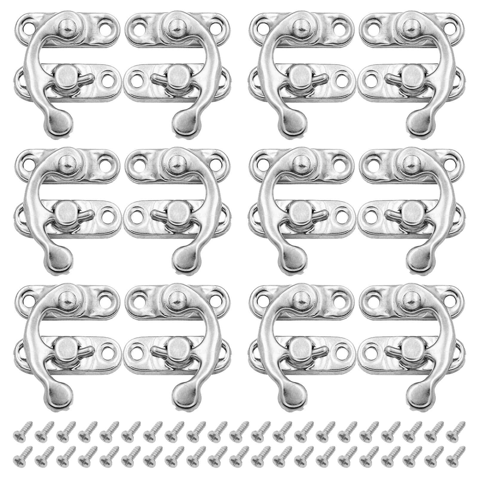 TXIN 12-Piece Antique Hook Hasp Latch Set - Right & Left Latch Buckles, Small Swing Lock Clasps with Mounting Screws (1.06 x 1.26 Inch, Silver) - Perfect for Wooden Jewelry Boxes, Toolboxes, Suitcases & Vintage DIY Projects