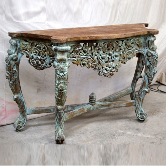 Hand Carved Wooden Console Table with Blue Natural Wood Top - Entryway, Living Room & Hallway Decor Furniture